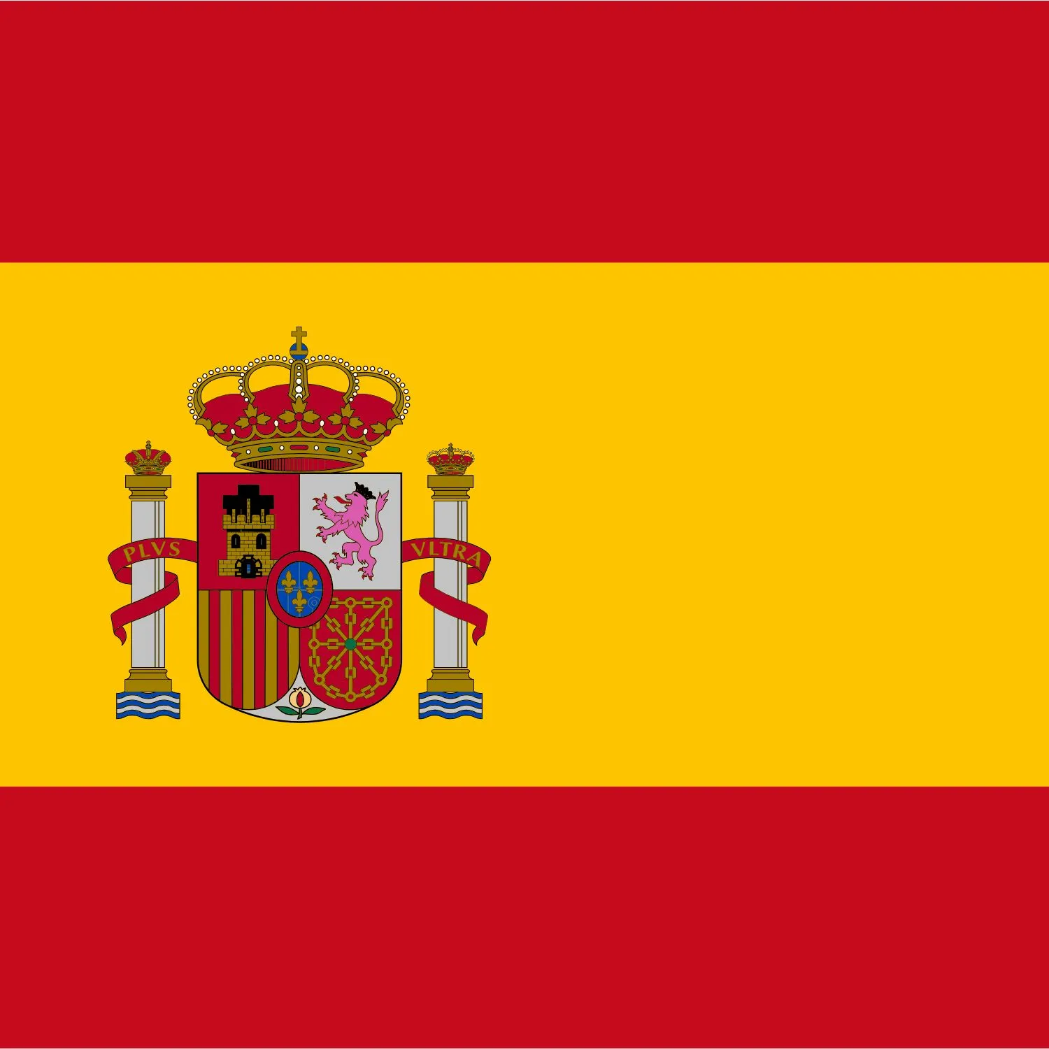 Flag of Spain with red and yellow horizontal stripes and the national coat of arms in the center.