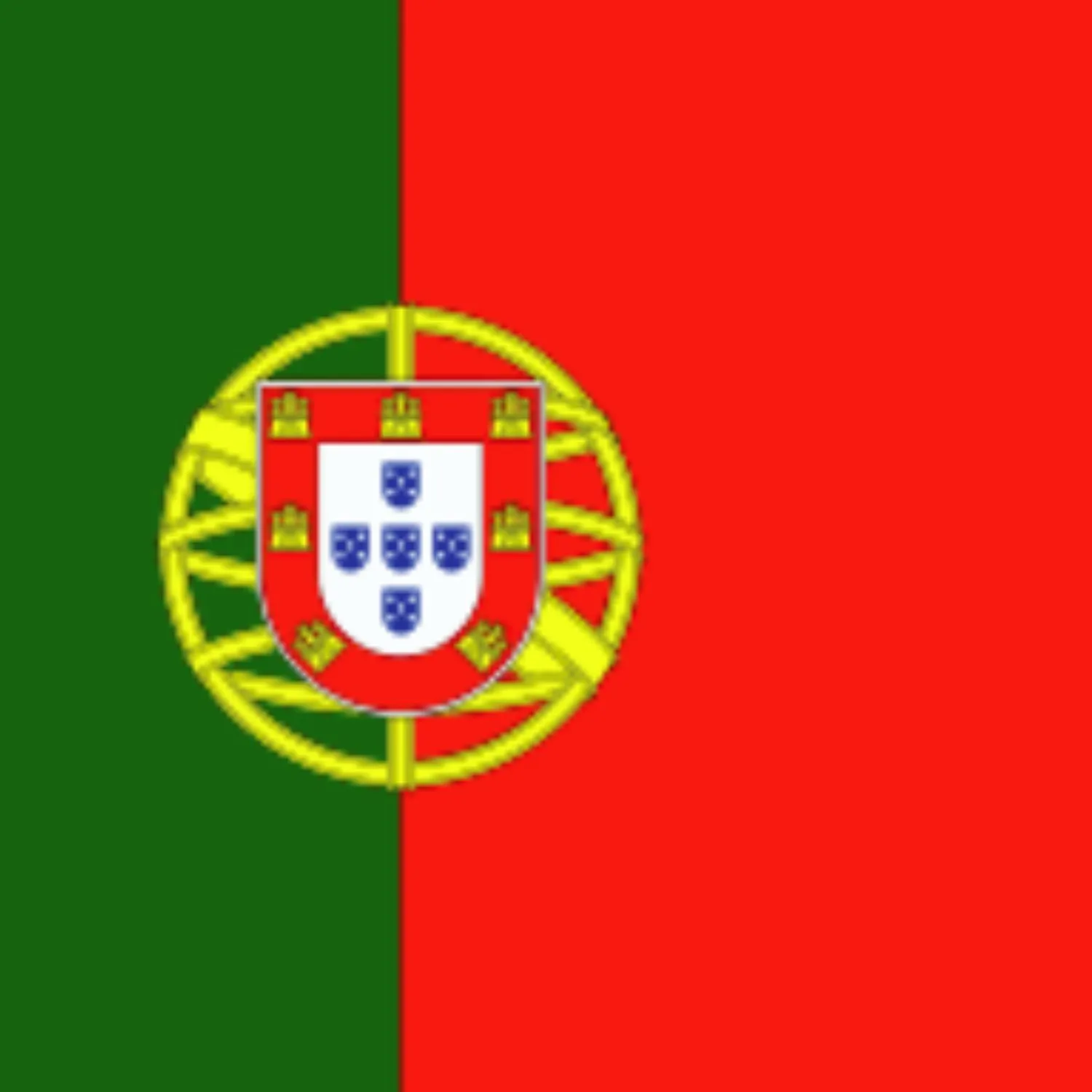 Flag of Portugal with vertical green and red stripes and a national coat of arms in the center.