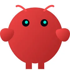 Red round cartoon creature with two antennae and blue eyes.