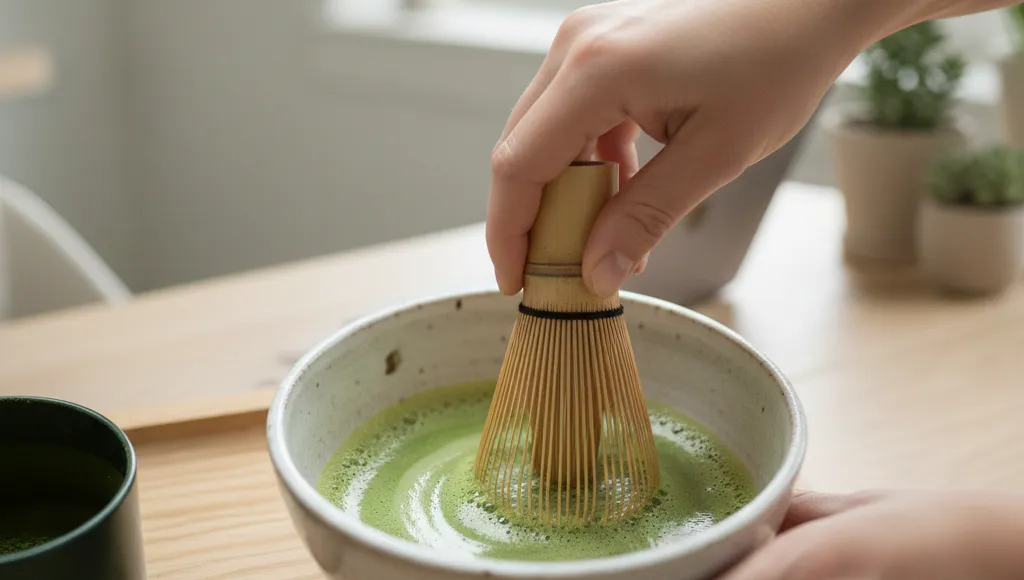 Preparação tradicional de matcha com um chasen de bambu