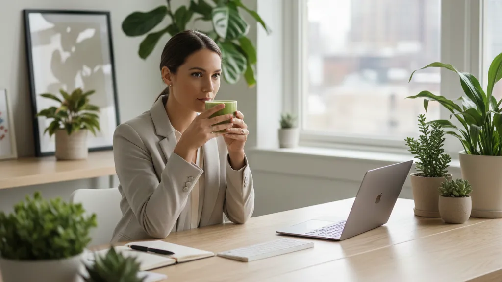 Matcha latte em uma mesa de empreendedor minimalista