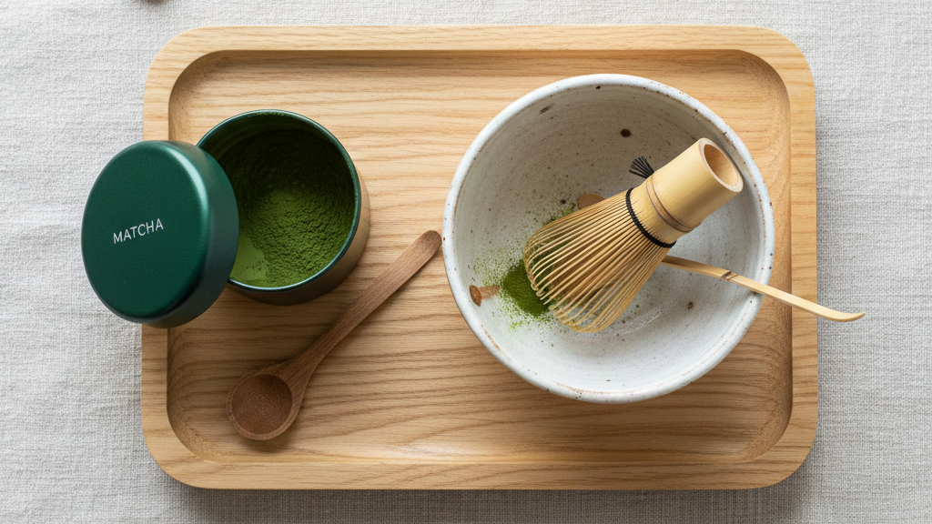 Empreendedor concentrado em um escritório moderno com uma xícara de matcha