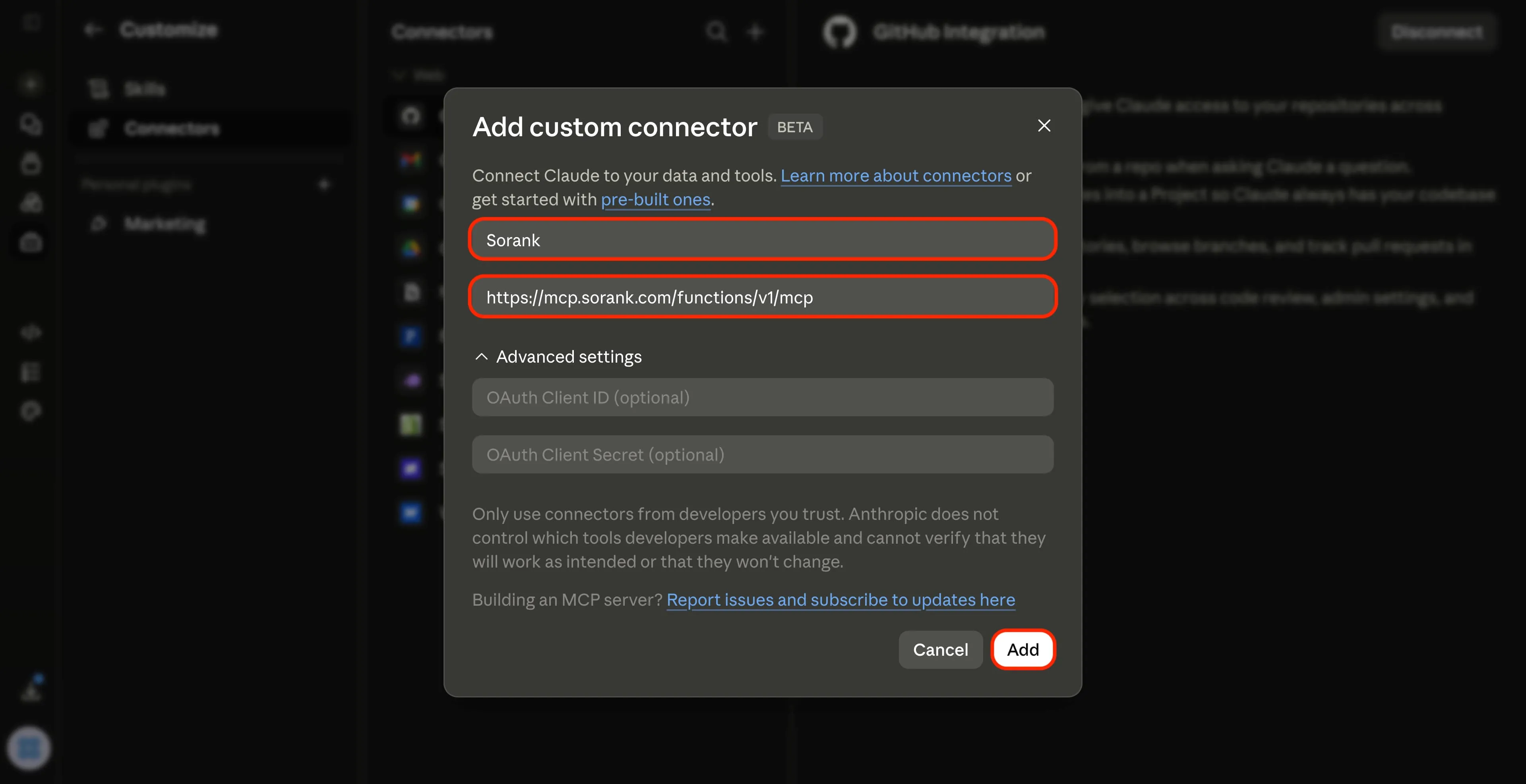 Dialog box titled Add custom connector showing fields filled with Sorank and its URL, plus Cancel and Add buttons.