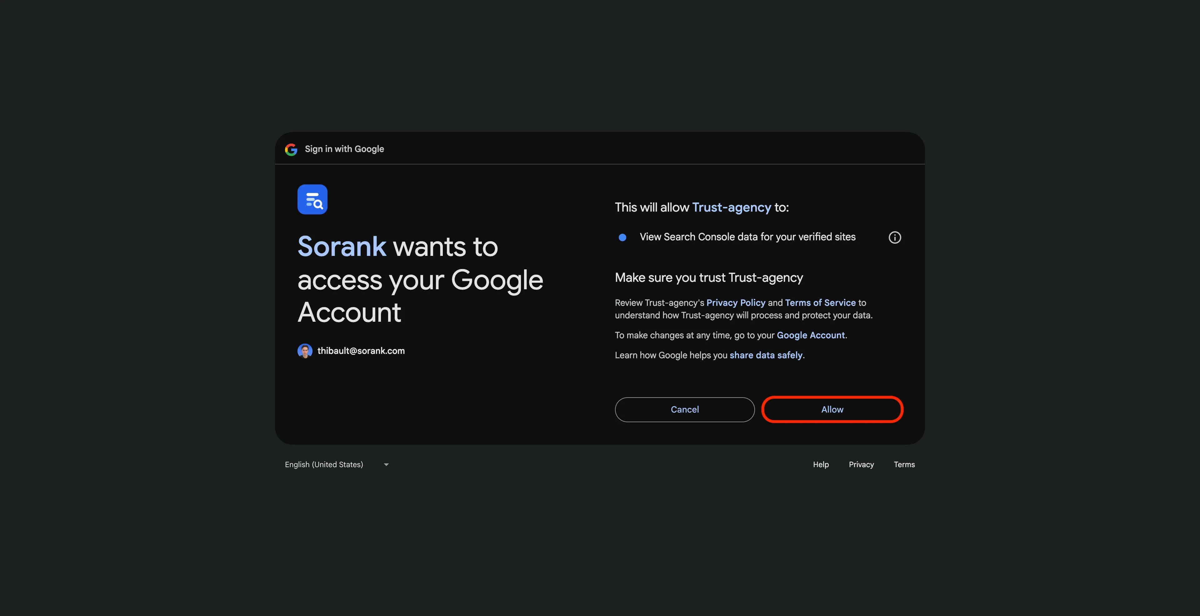 Google sign-in consent screen for Sorank to access your Google Account with Allow and Cancel buttons.