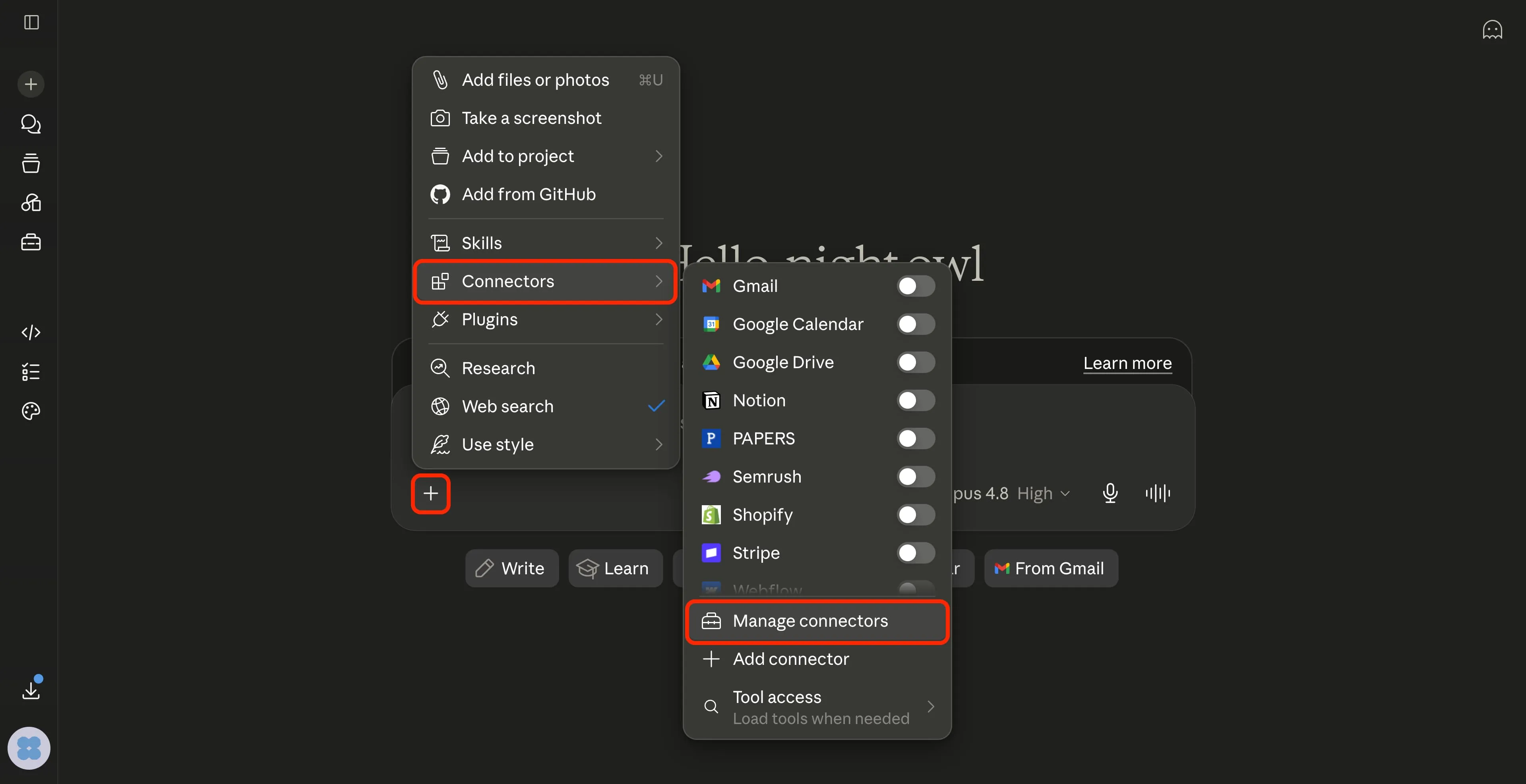 Dropdown menu showing connectors options like Gmail, Google Calendar, and Manage connectors highlighted.