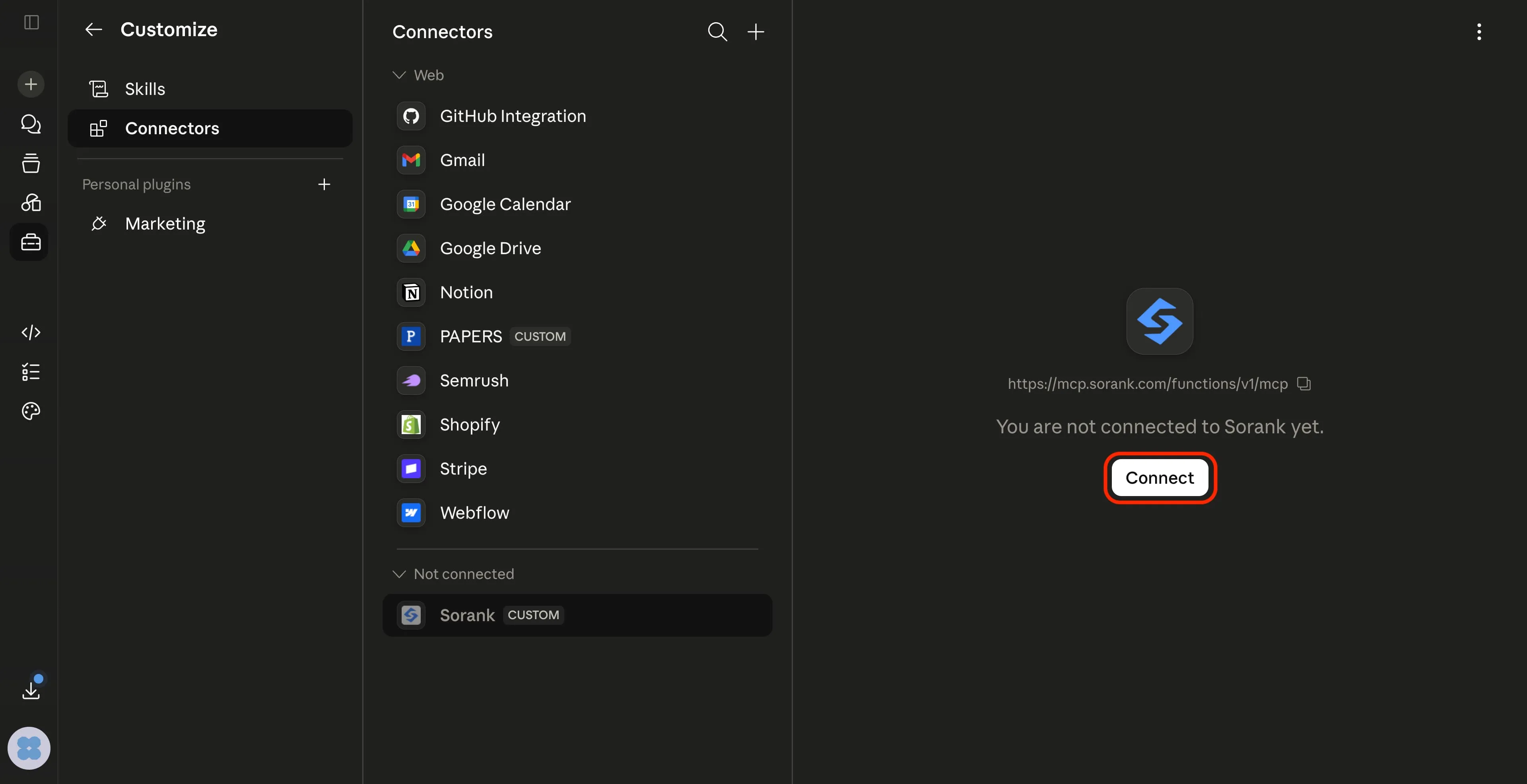 App interface showing web connectors list and prompt to connect to Sorank with a Connect button.