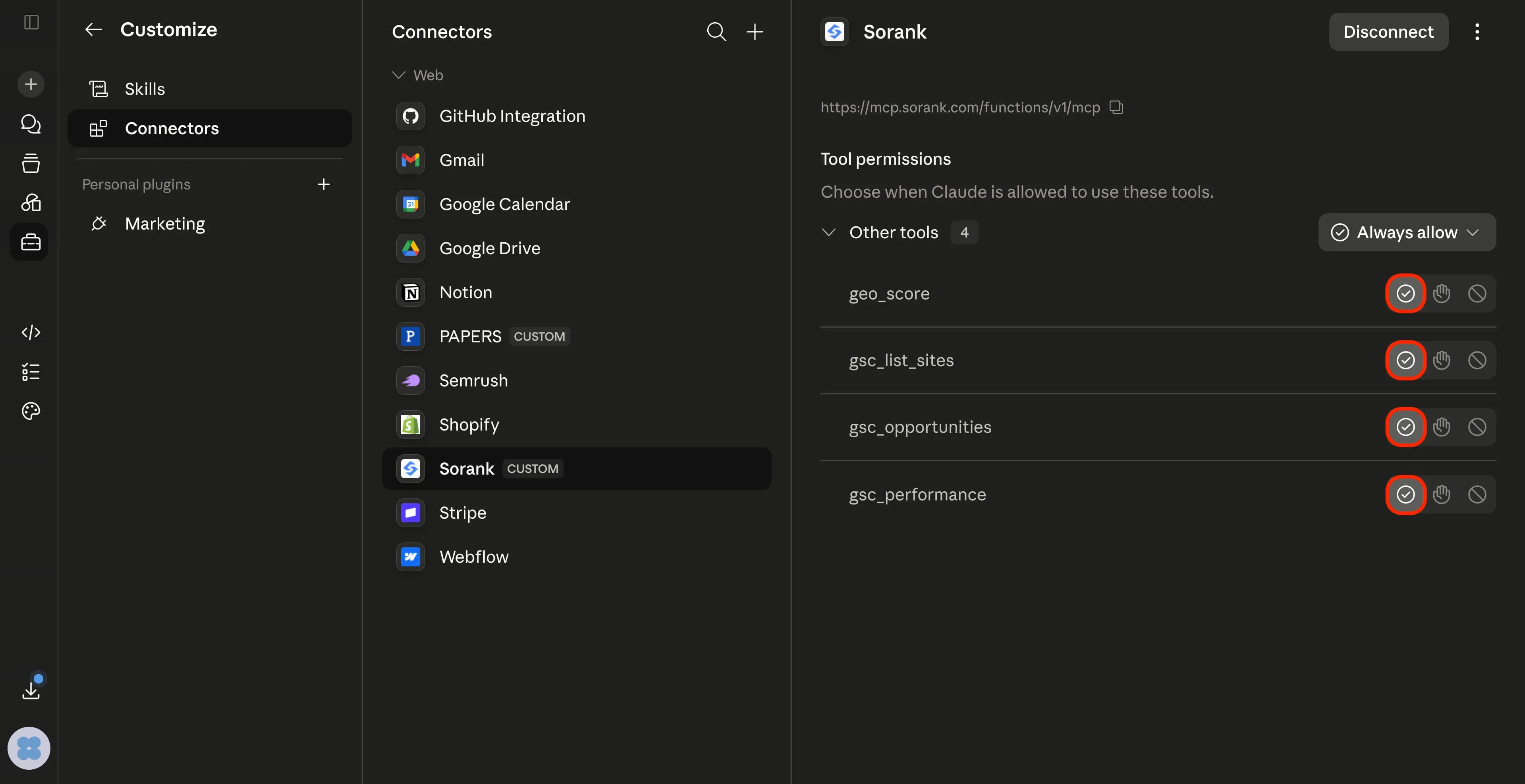 Software interface showing connectors list with Sorank selected and associated tool permissions enabled.