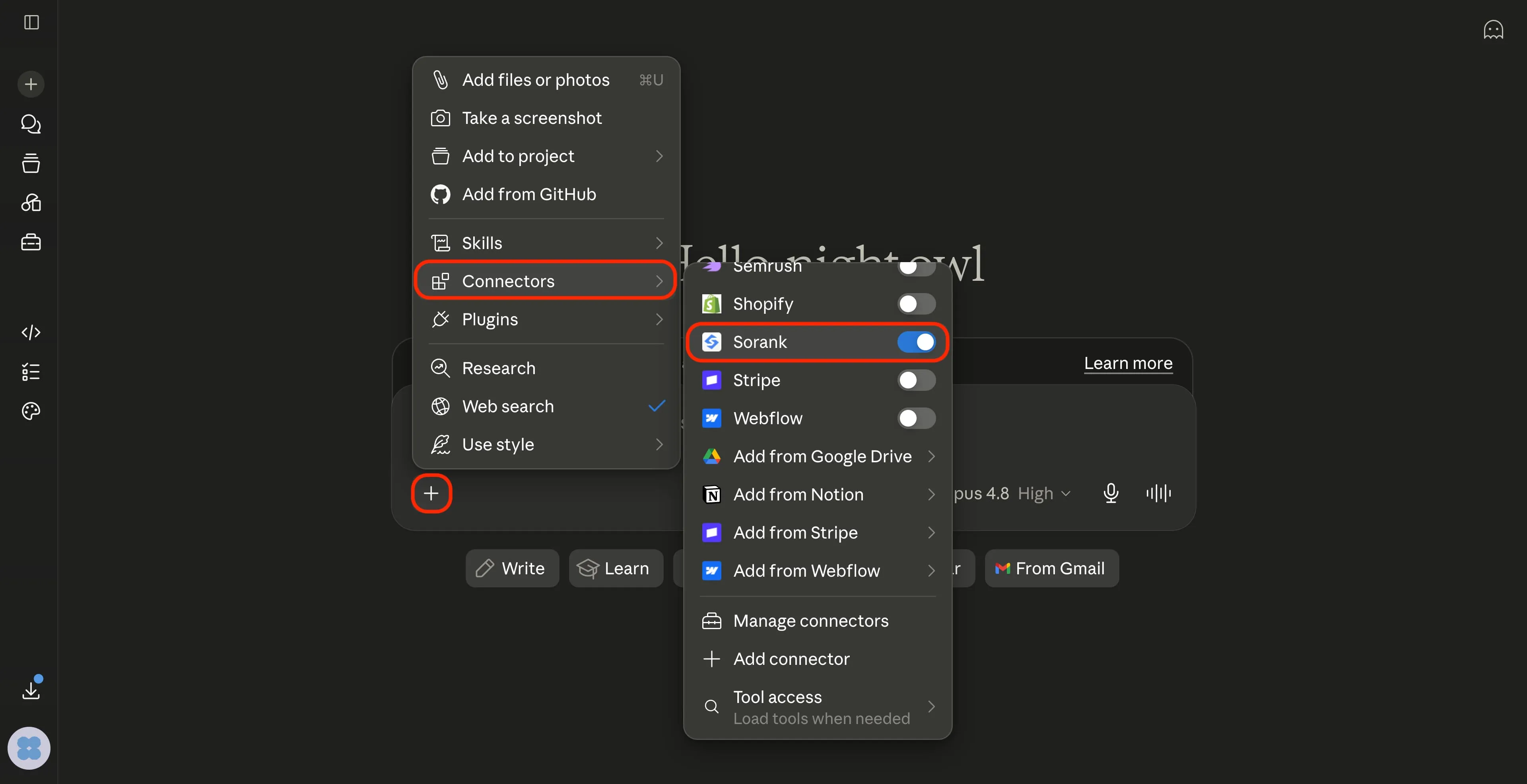 Dark mode app menu showing Connectors submenu with Sorank toggle switched on and other connectors listed.