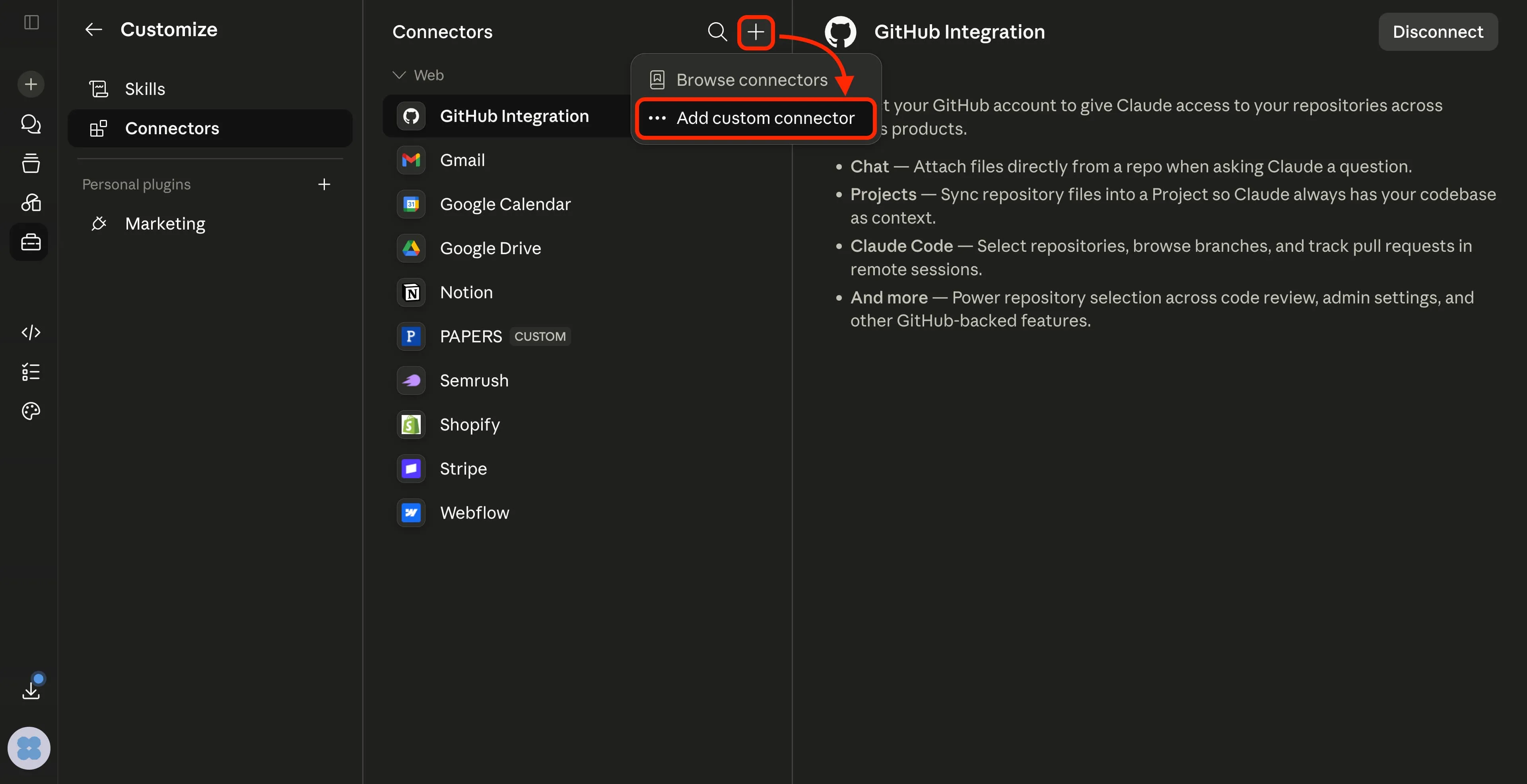 App interface showing plugin connectors list with option to add a custom connector, highlighting GitHub integration.