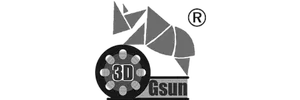Logo with a stylized fox head, a circular emblem with dots and the number 3D, and the text 'Gsun'.