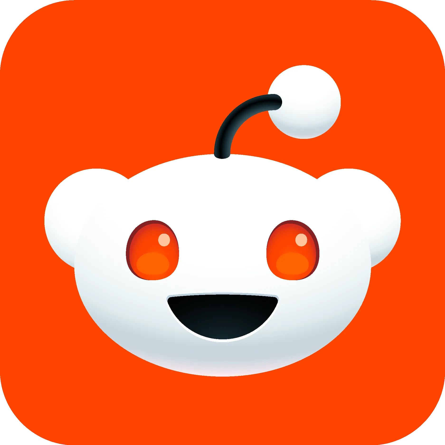 The Reddit alien mascot face with red eyes and a smiling mouth on an orange background.