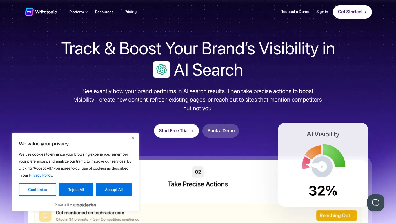 Writesonic GEO software website.