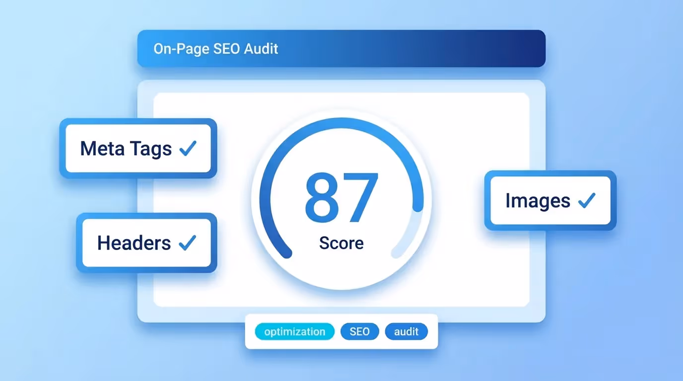 On-page SEO audit tool showing score, title tag check, heading structure and Core Web Vitals analysis