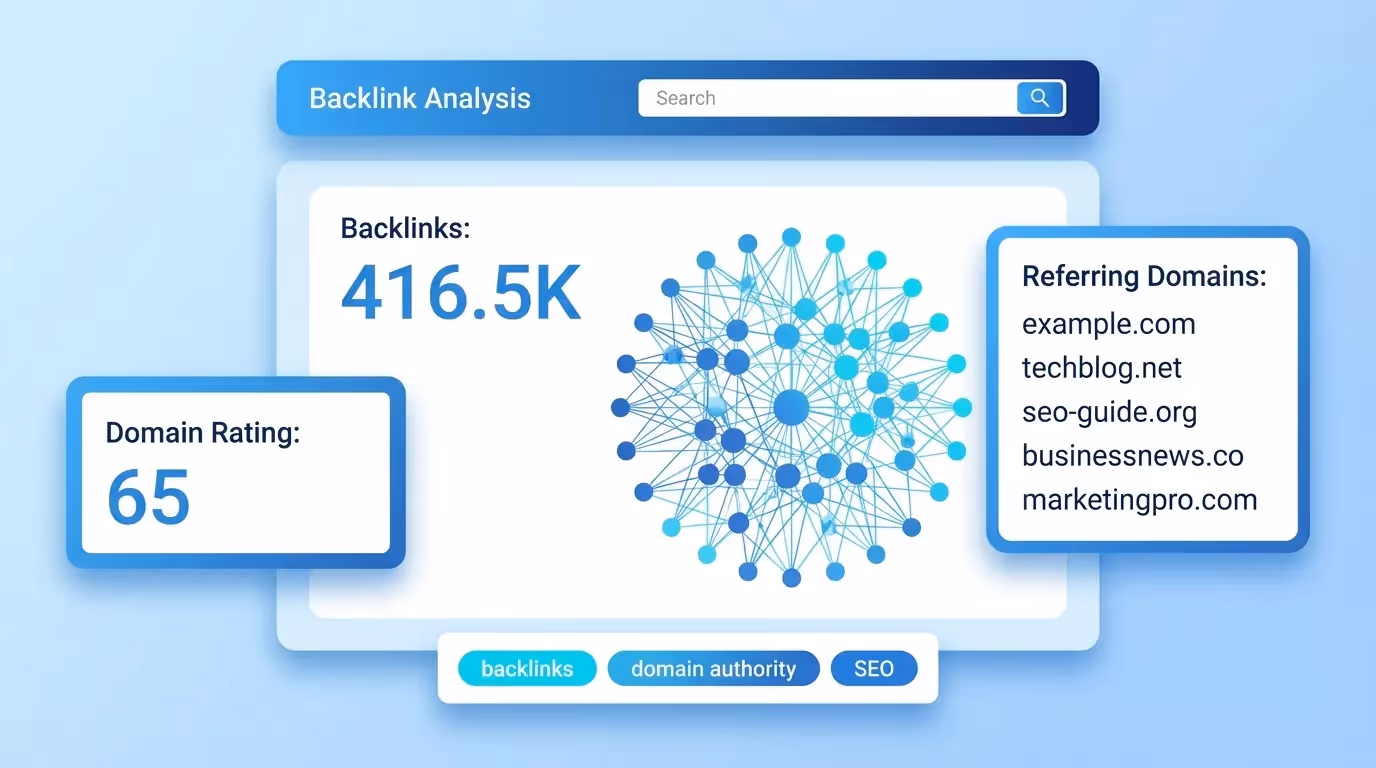 Backlink analysis tool displaying total backlinks, referring domains, dofollow ratio and link type charts