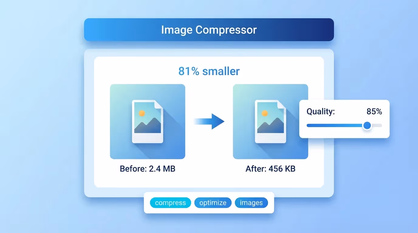Image compressor showing file size reduction, quality slider and batch download for JPEG PNG WebP