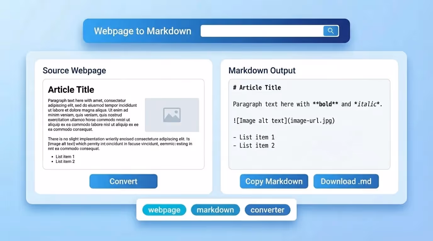 Interface de l'outil de conversion de page web en Markdown montrant la transformation du contenu HTML en format Markdown structuré et propre