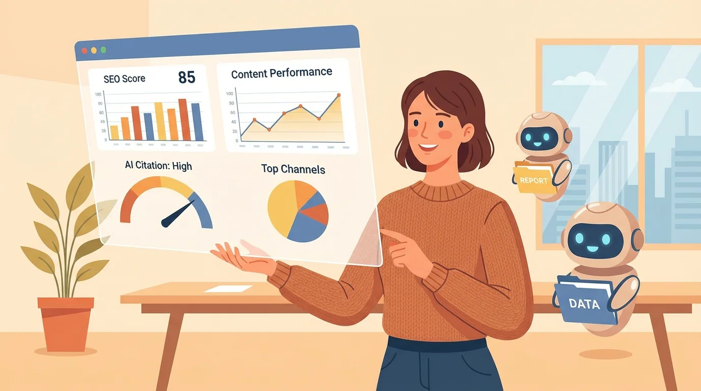 Illustration of a marketer analyzing AI visibility and SEO metrics on a digital dashboard