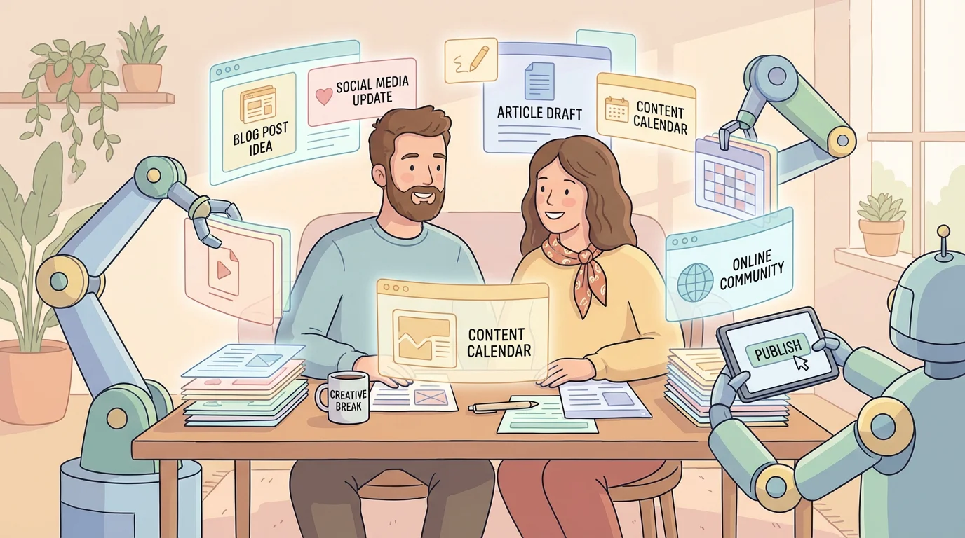 Illustration of a team using AI tools for automated content generation at a shared workspace