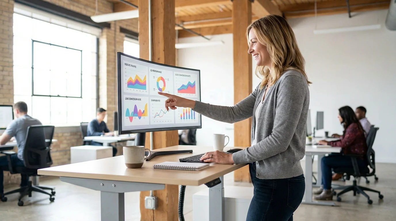 European marketer reviewing analytics dashboards at a modern standing desk