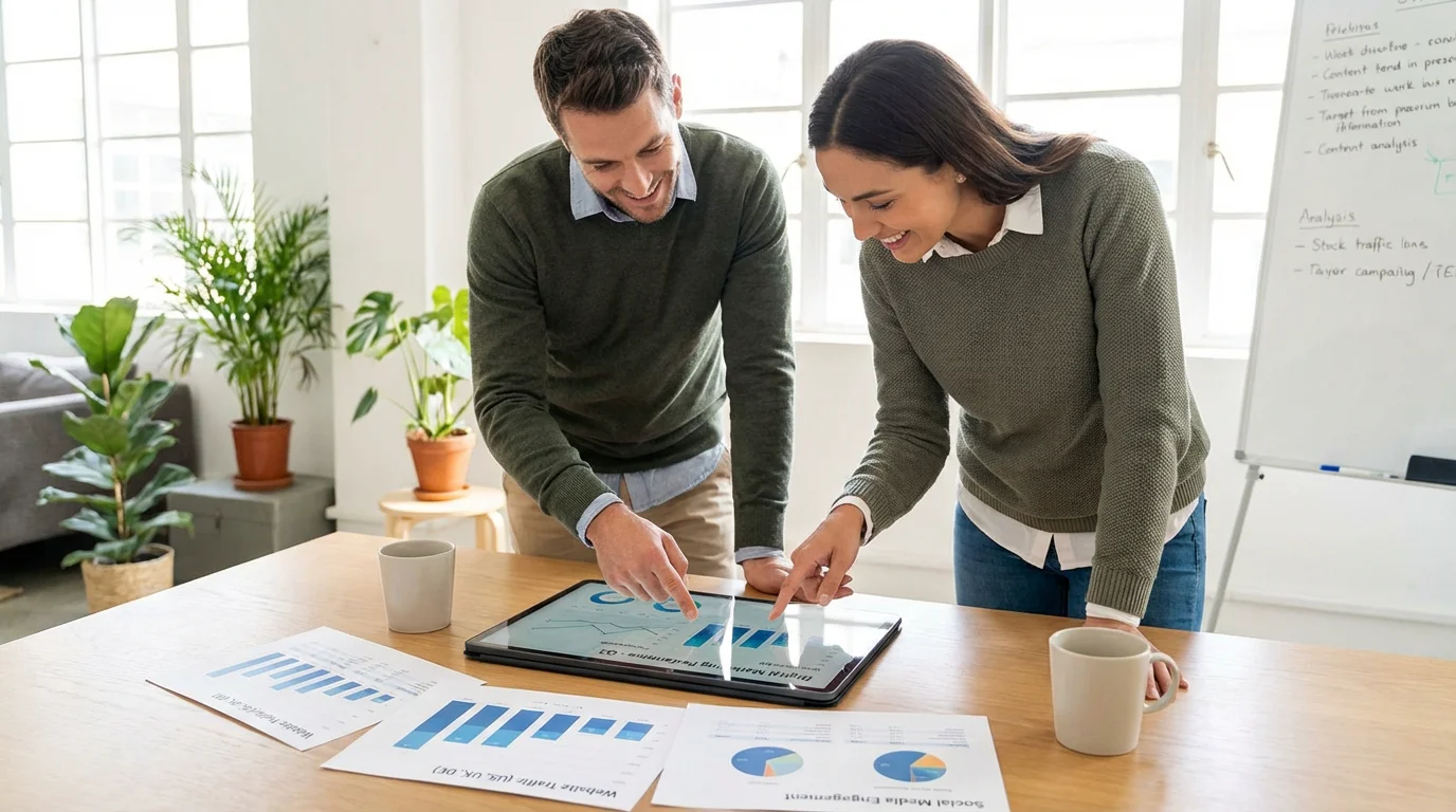 Two European marketers analyzing digital strategy data on a tablet in a bright office
