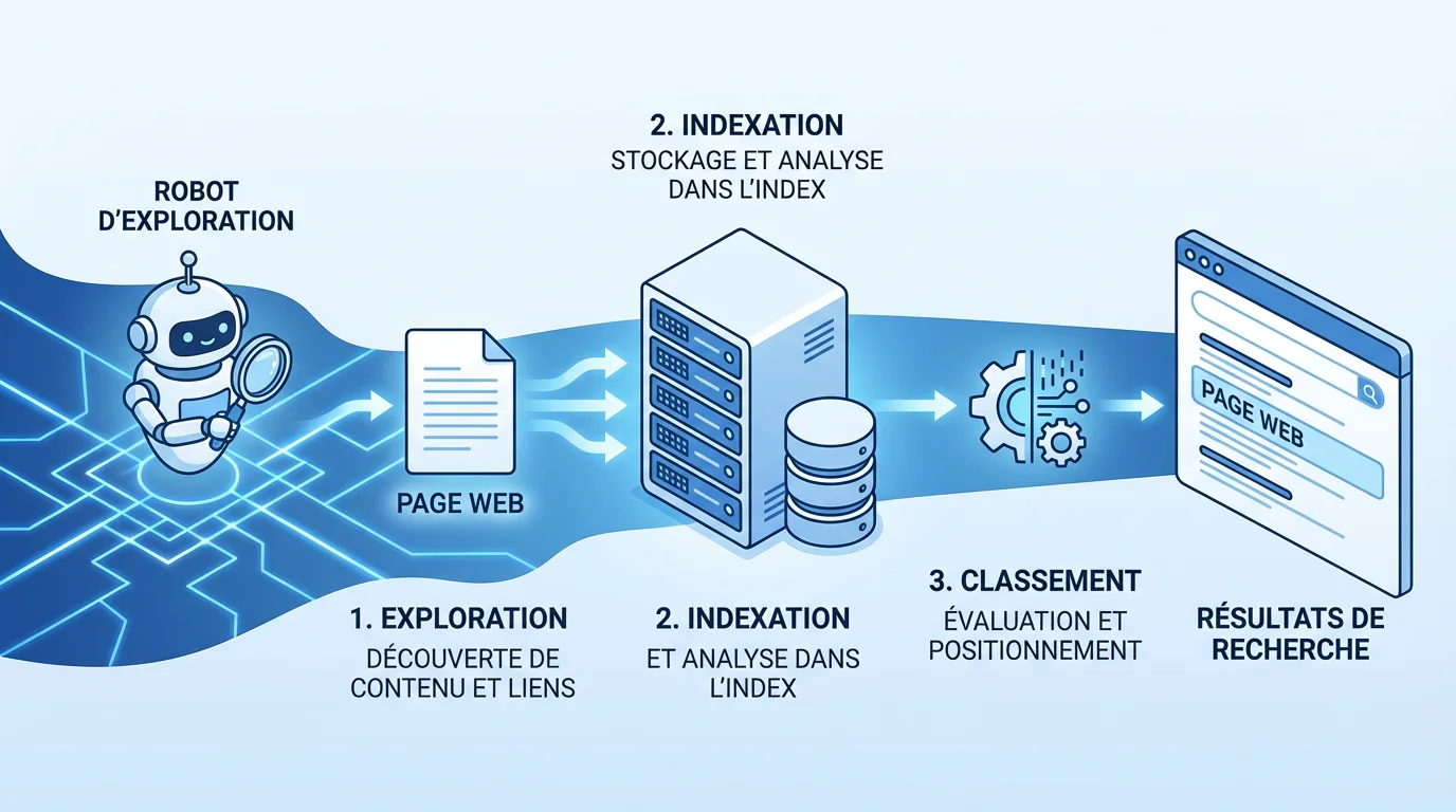 Schéma du fonctionnement du référencement Google : exploration, indexation et classement