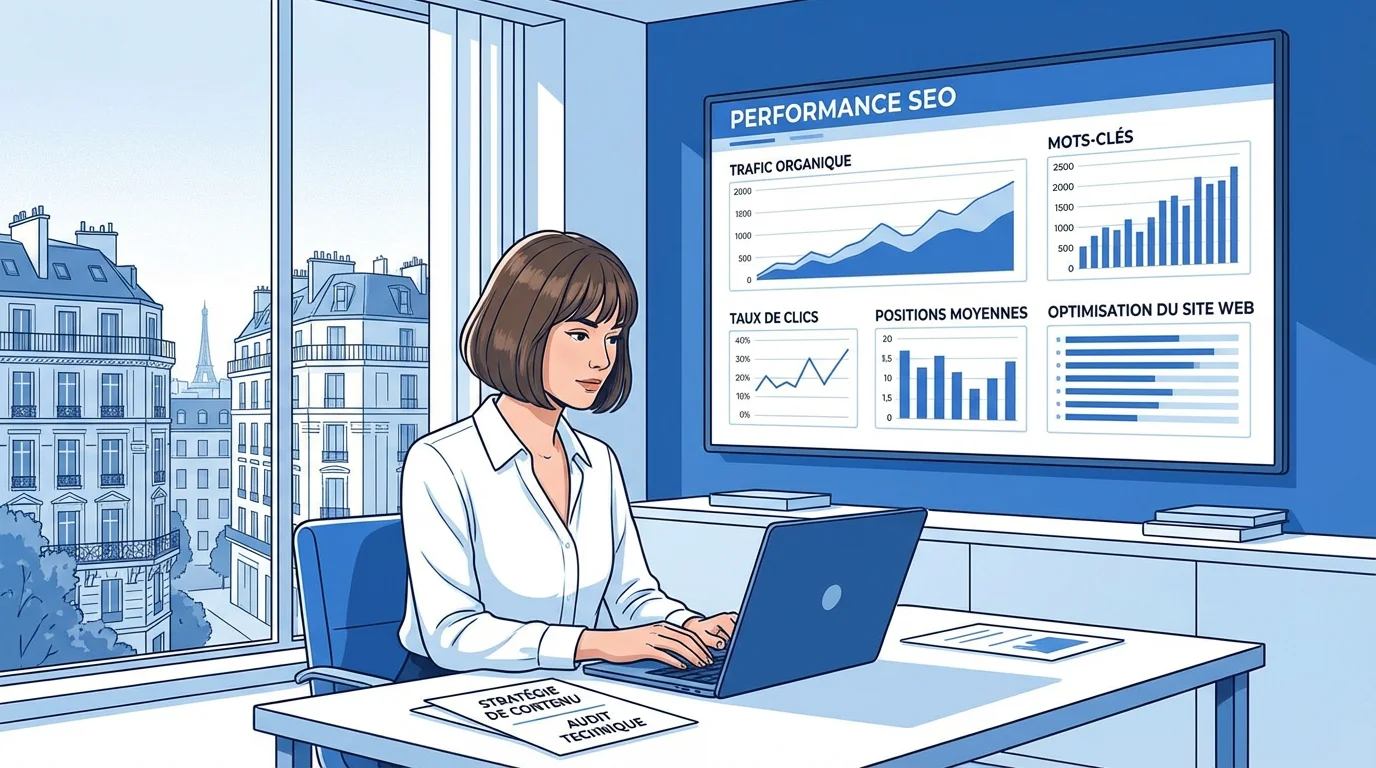 Professionnel du marketing digital optimisant le référencement SEO d'un site web dans un bureau moderne