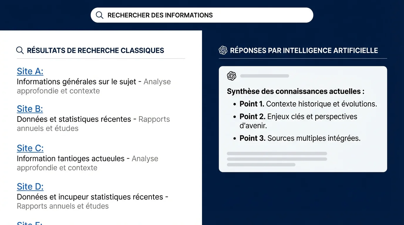 Comparaison entre résultats de recherche classiques et réponses IA sur une interface de recherche