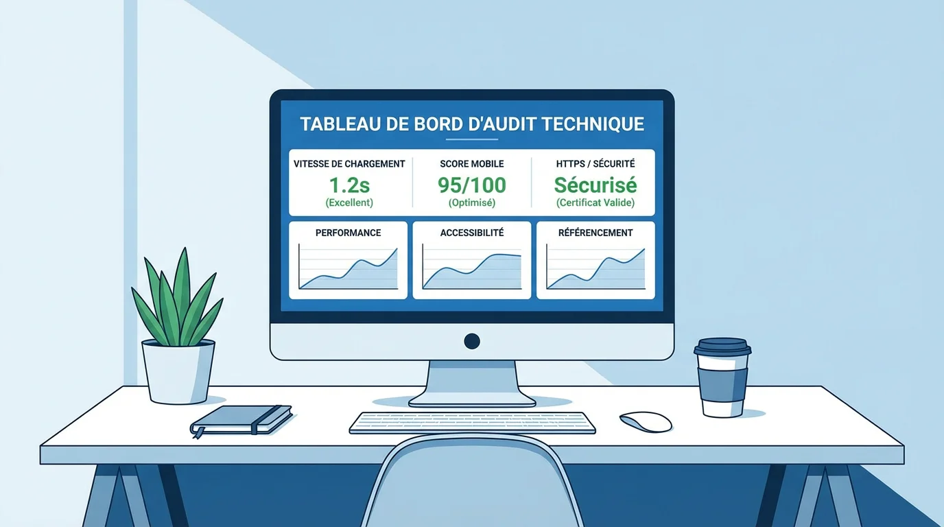 Tableau de bord d'audit technique SEO affichant des indicateurs de performance web