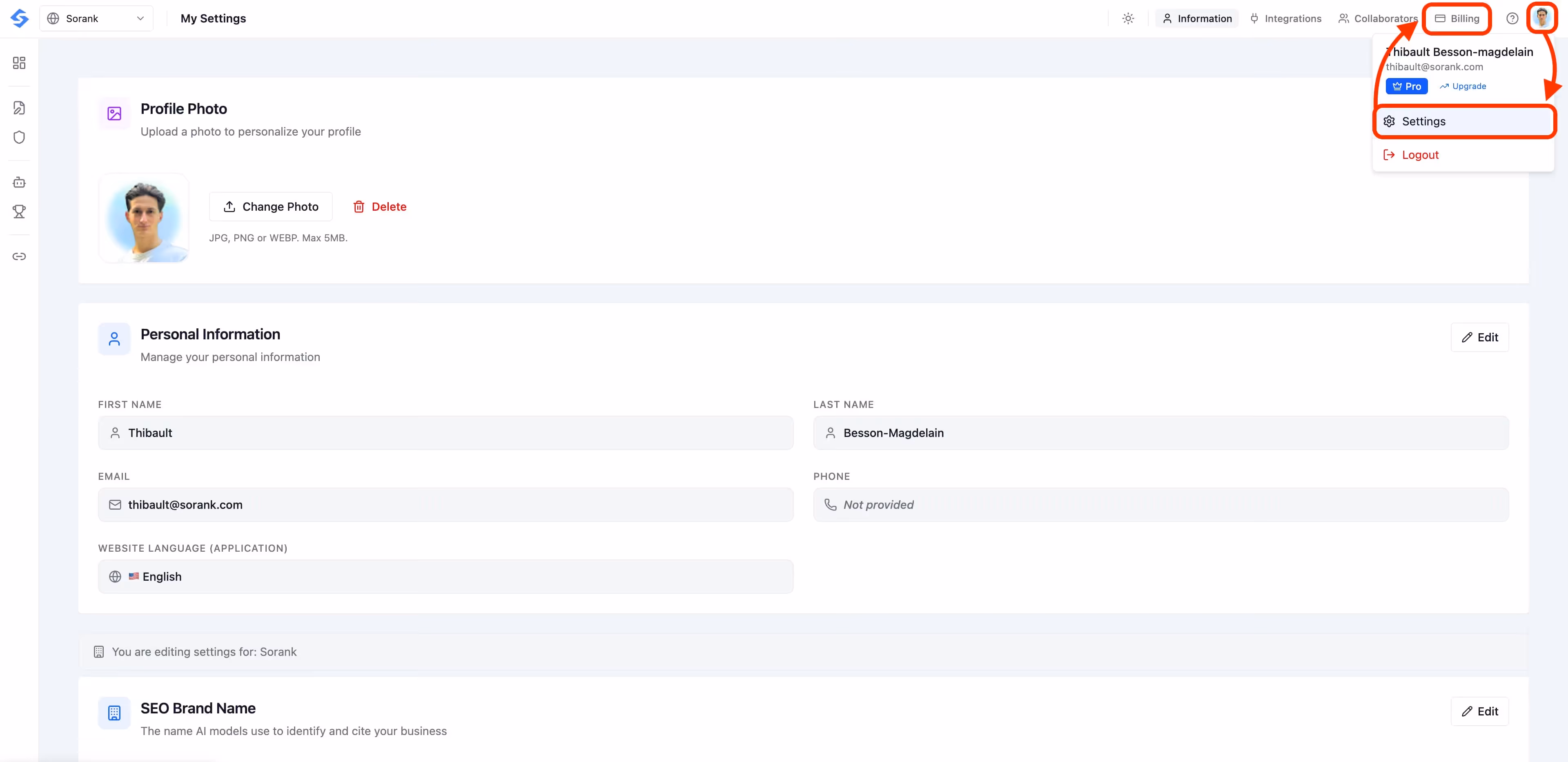 Profile menu with Settings highlighted