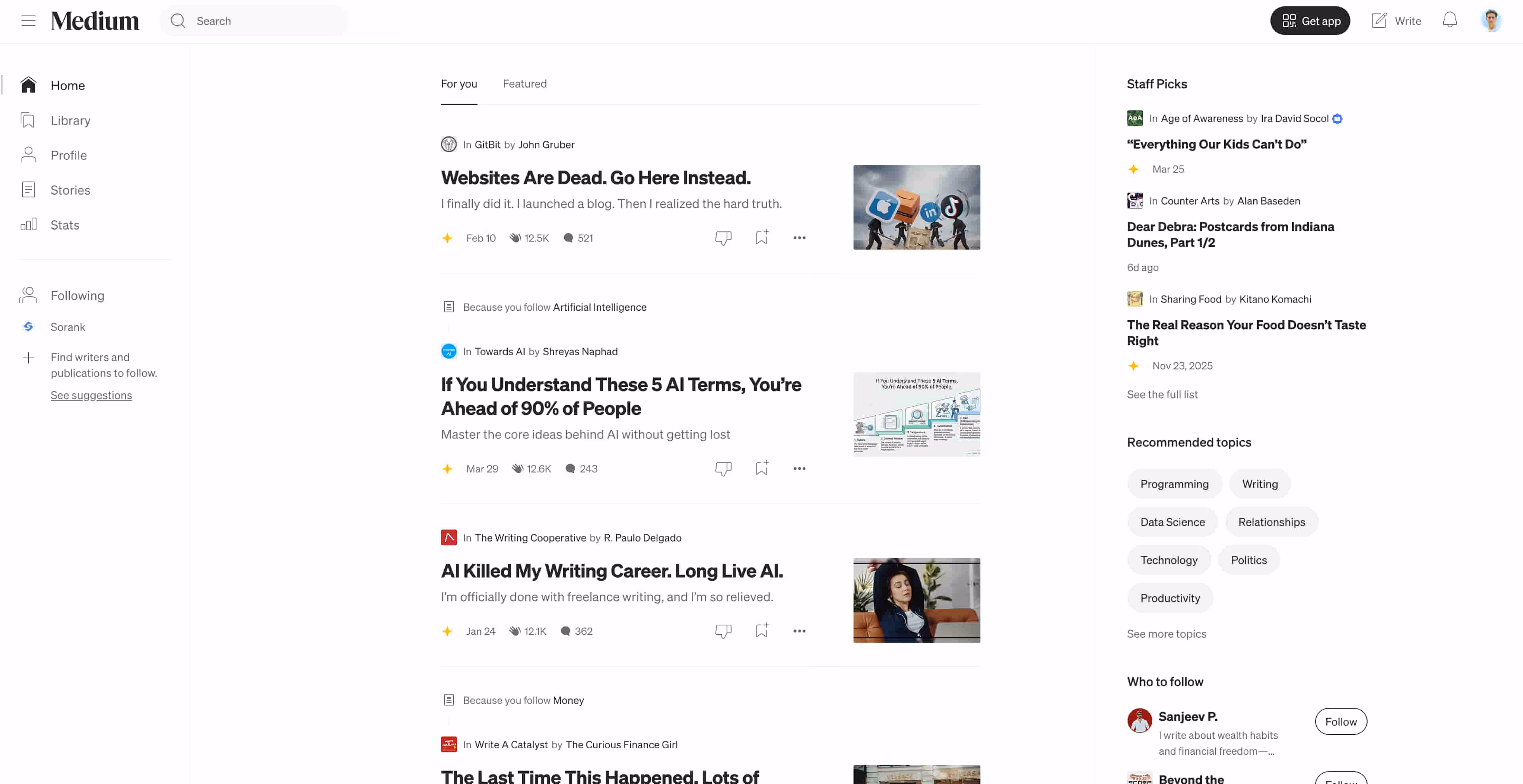 Medium article interface showing published stories with engagement metrics and reader analytics on desktop screen