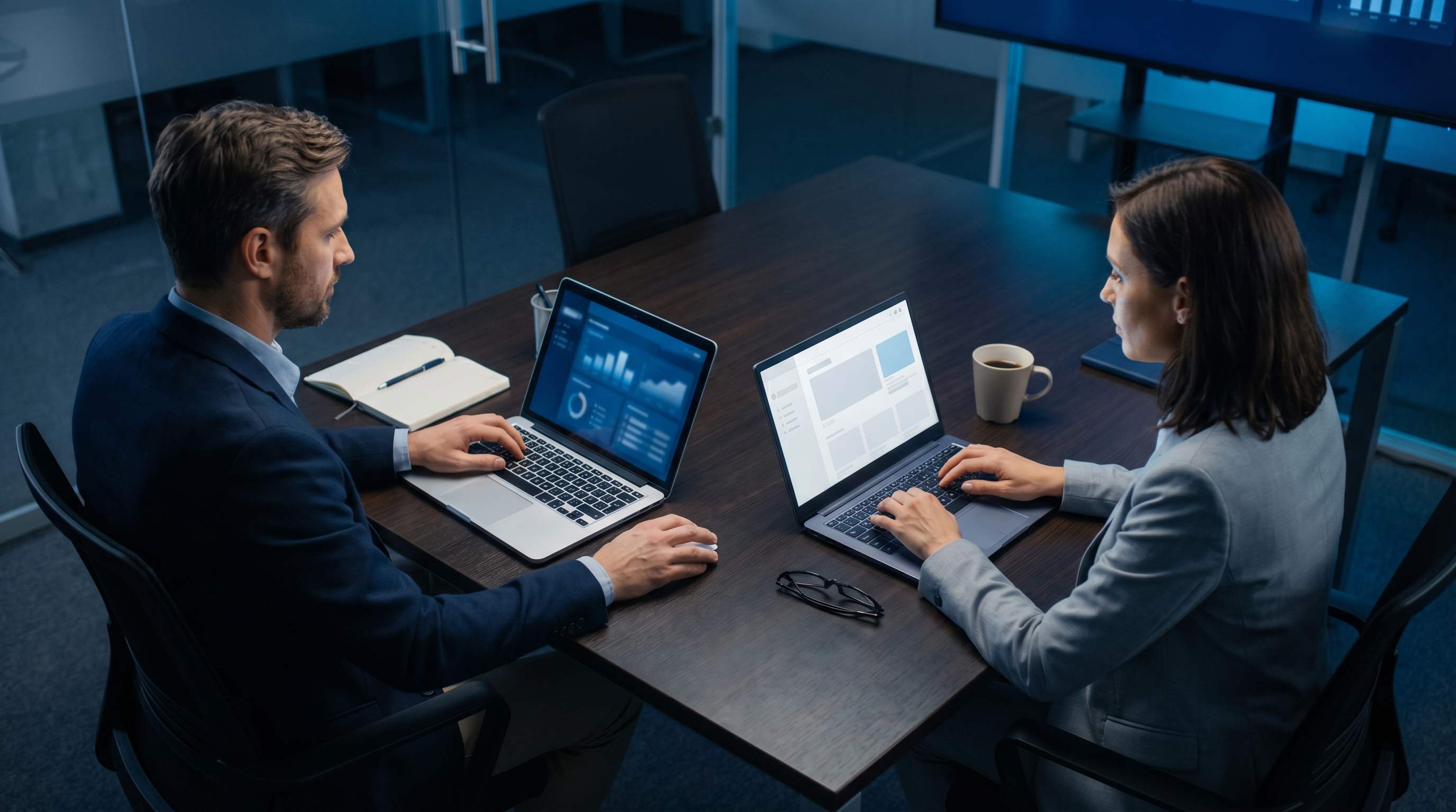 Vue de dessus de deux laptops montrant tableau de bord client SEO et livrable marque blanche cote a cote