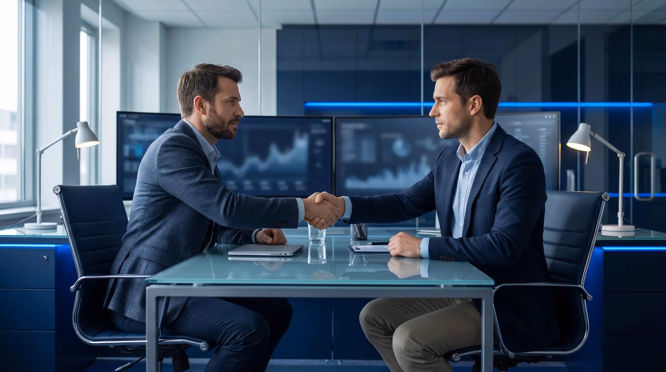 Deux professionnels se serrant la main dans un bureau d'agence SEO eclaire en bleu, accord de partenariat