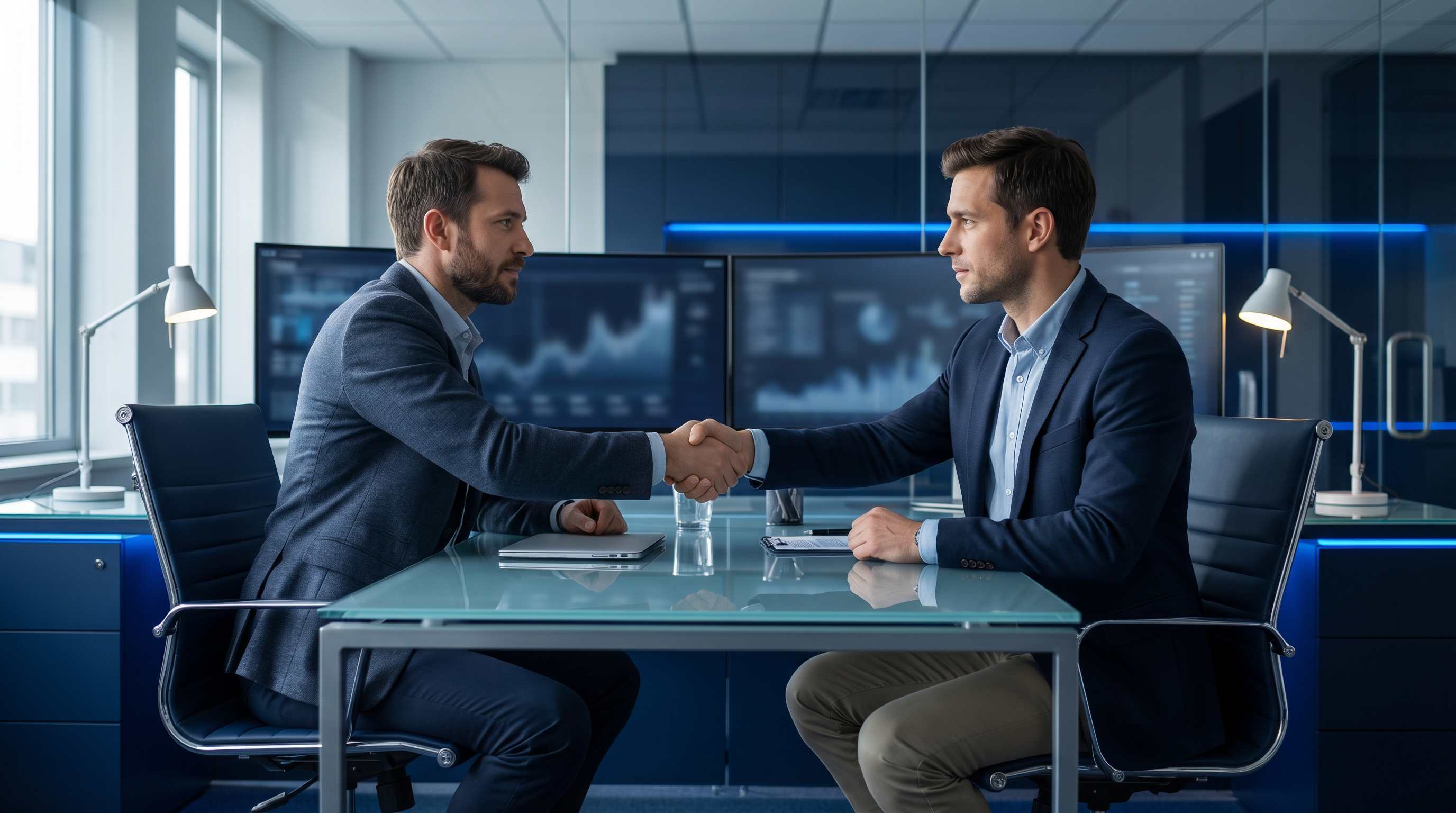 Deux professionnels se serrant la main dans un bureau d'agence SEO eclaire en bleu, accord de partenariat