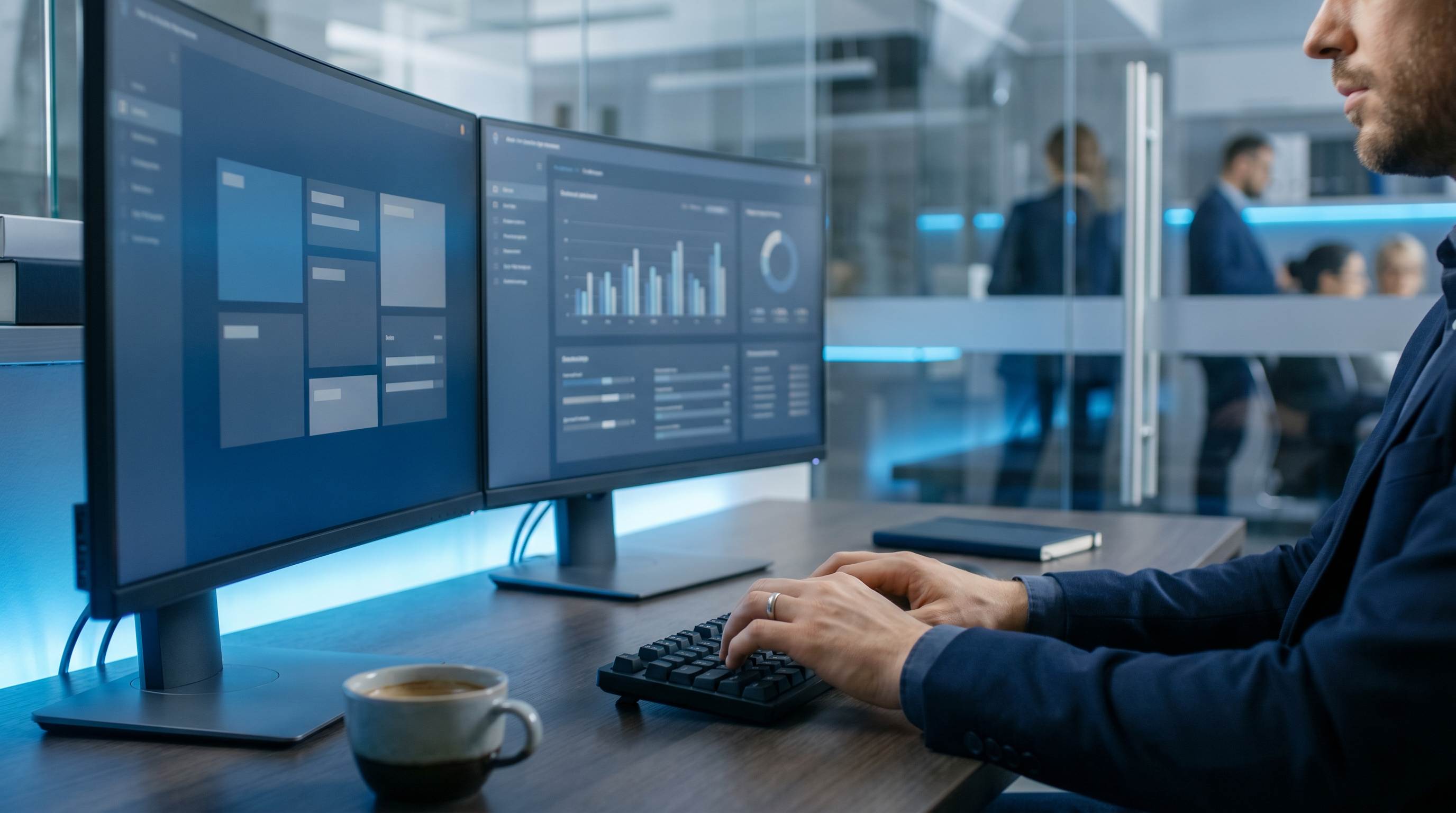 Haende tippen einen SEO-Newsletter auf einer schwarzen Tastatur mit Doppelmonitor im dunklen Buero