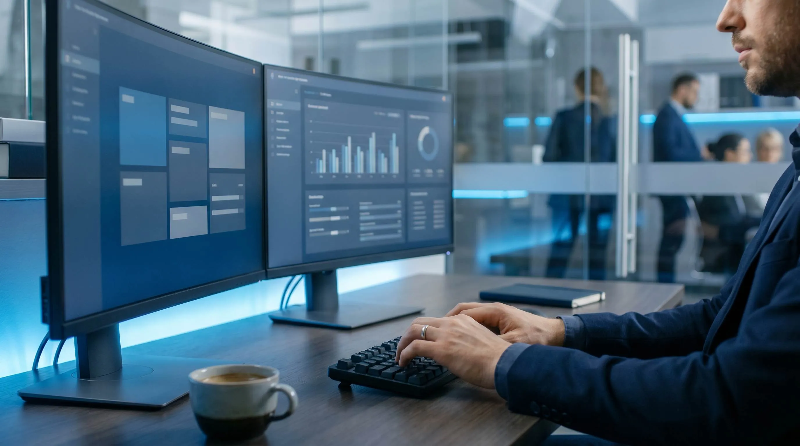 Mains tapant une newsletter SEO sur un clavier noir avec double ecran dans un bureau marine sombre