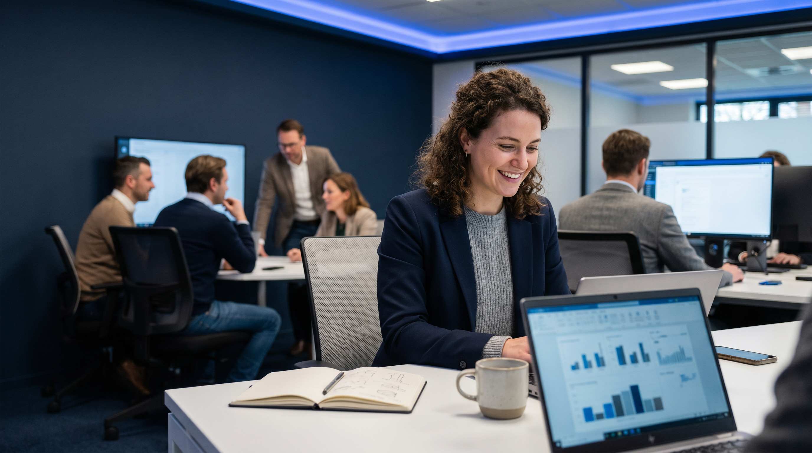 Consultante SEO souriante devant un post LinkedIn a fort engagement dans un espace de coworking