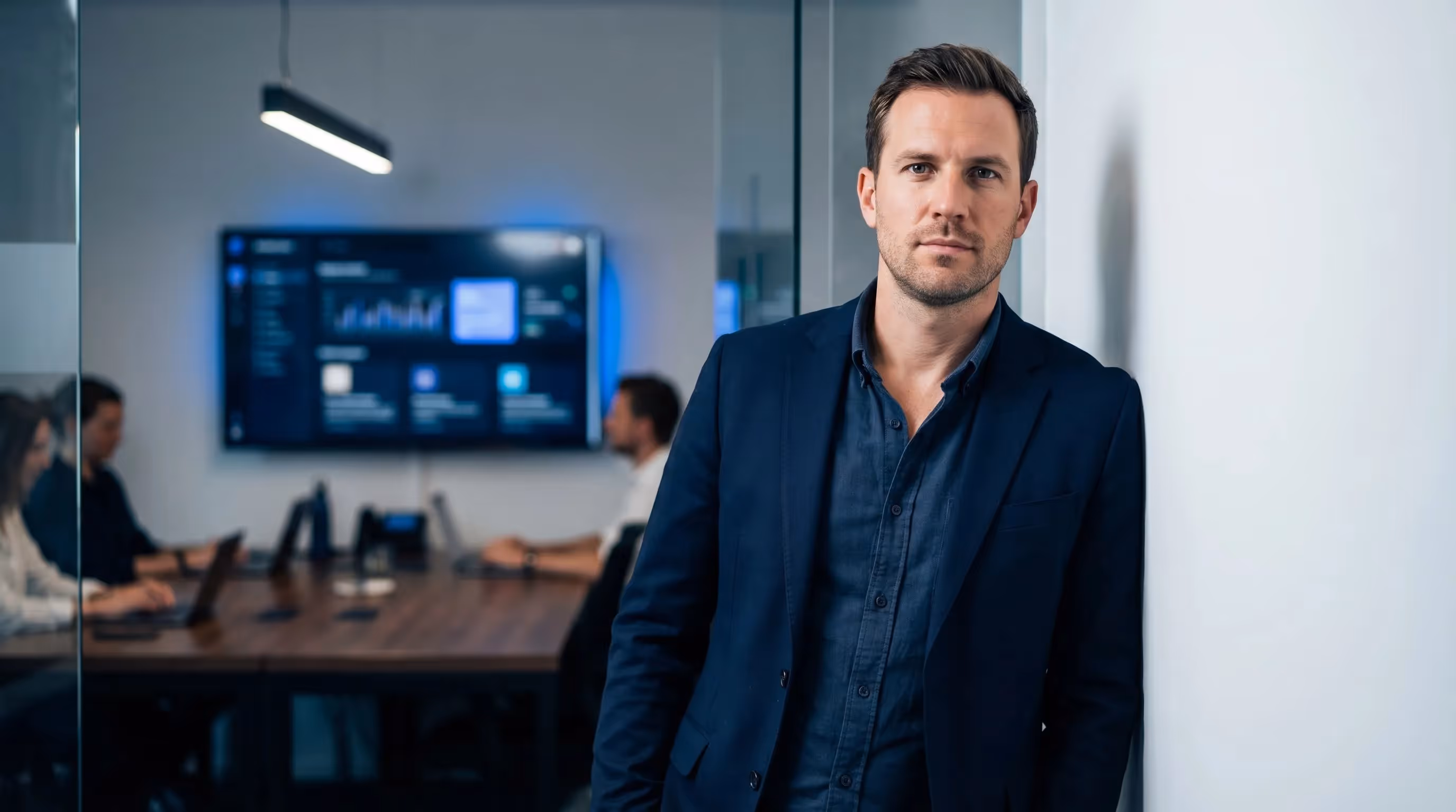 Portrait d'un consultant SEO confiant contre un mur blanc avec son site personnel flou en arriere-plan
