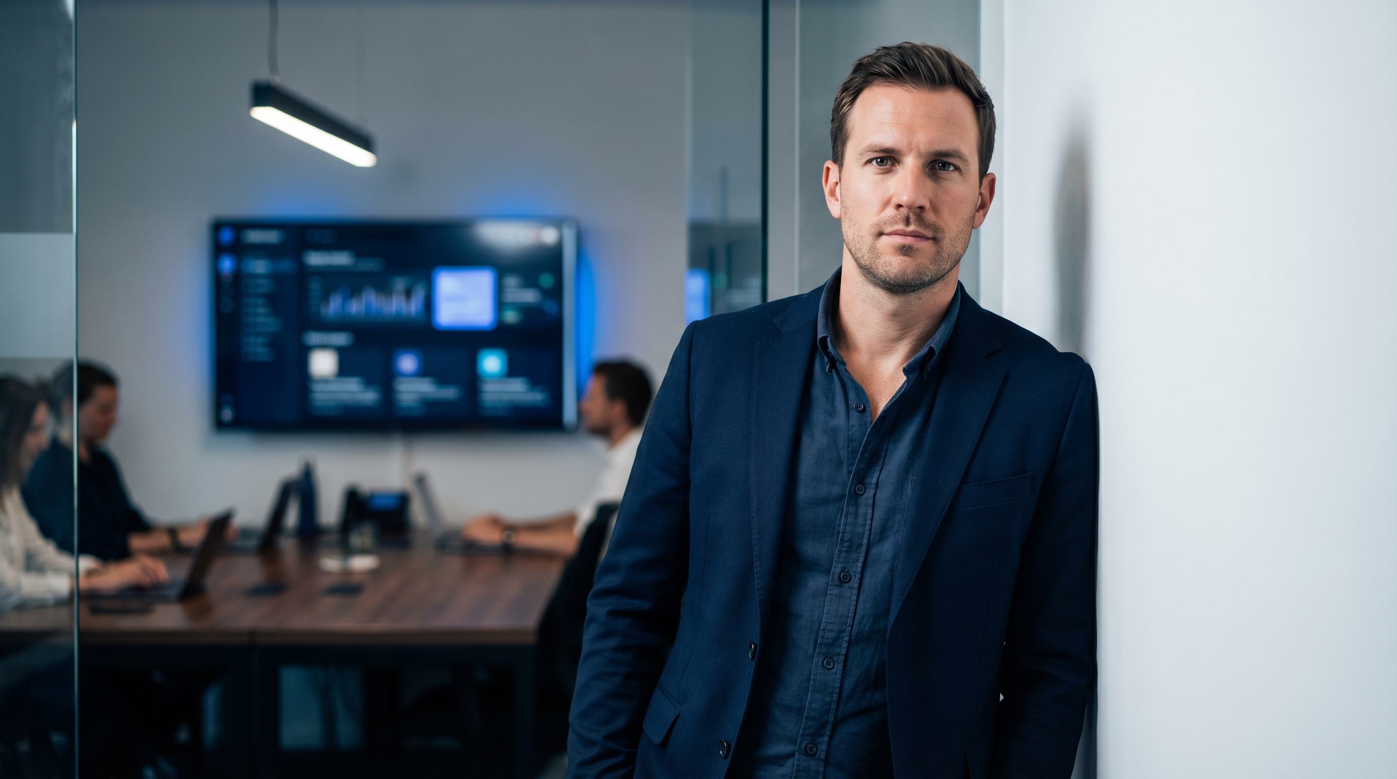 Portrait d'un consultant SEO confiant contre un mur blanc avec son site personnel flou en arriere-plan