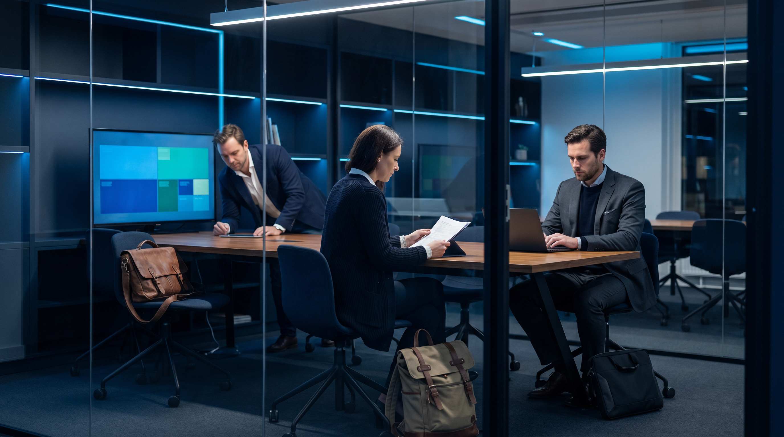 Drei Profis repraesentieren Freelancer-, Angestellten- und Agenturpartner-Karrierewege im Besprechungsraum