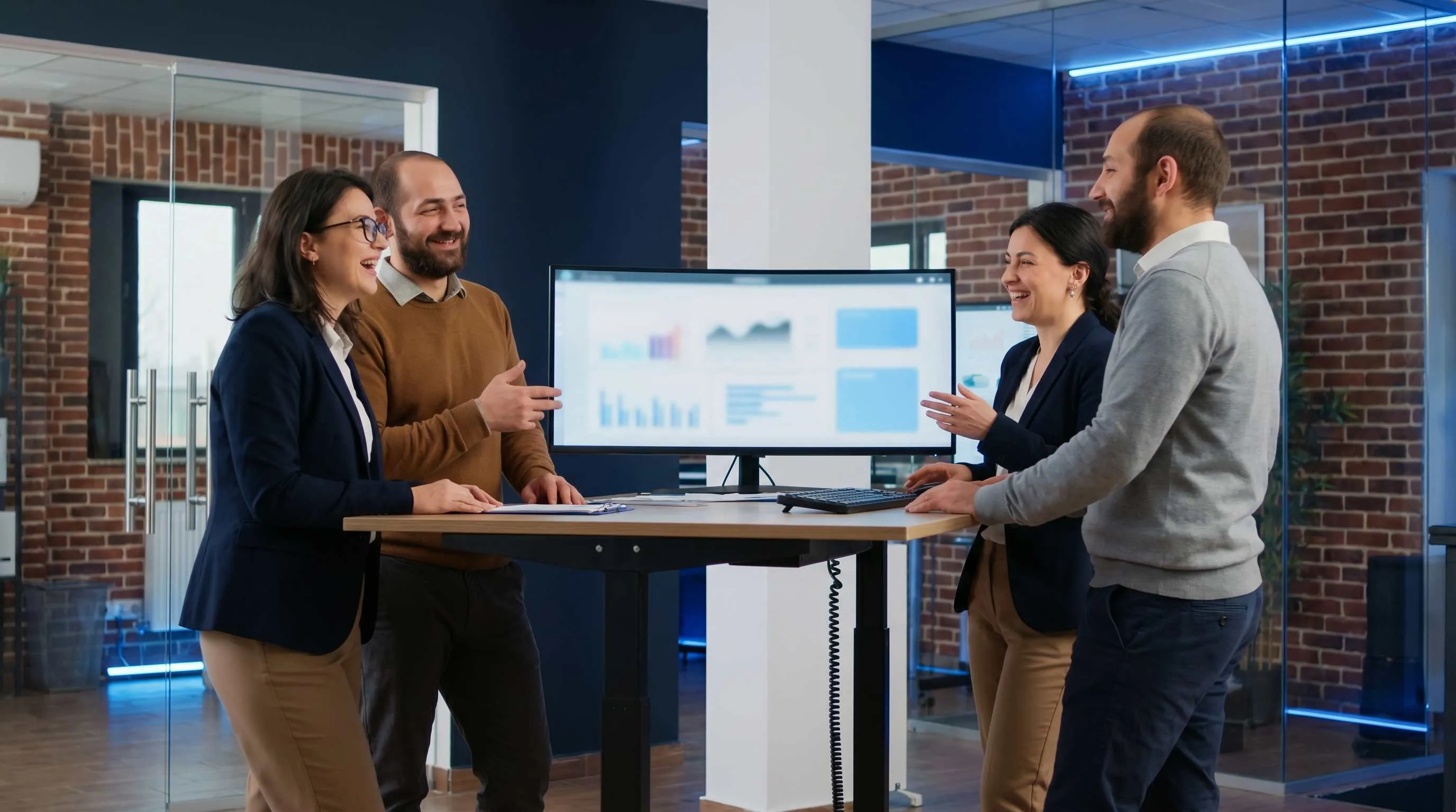 Equipe d'agence SEO diversifiee de quatre personnes riant autour d'un bureau debout bleu et blanc