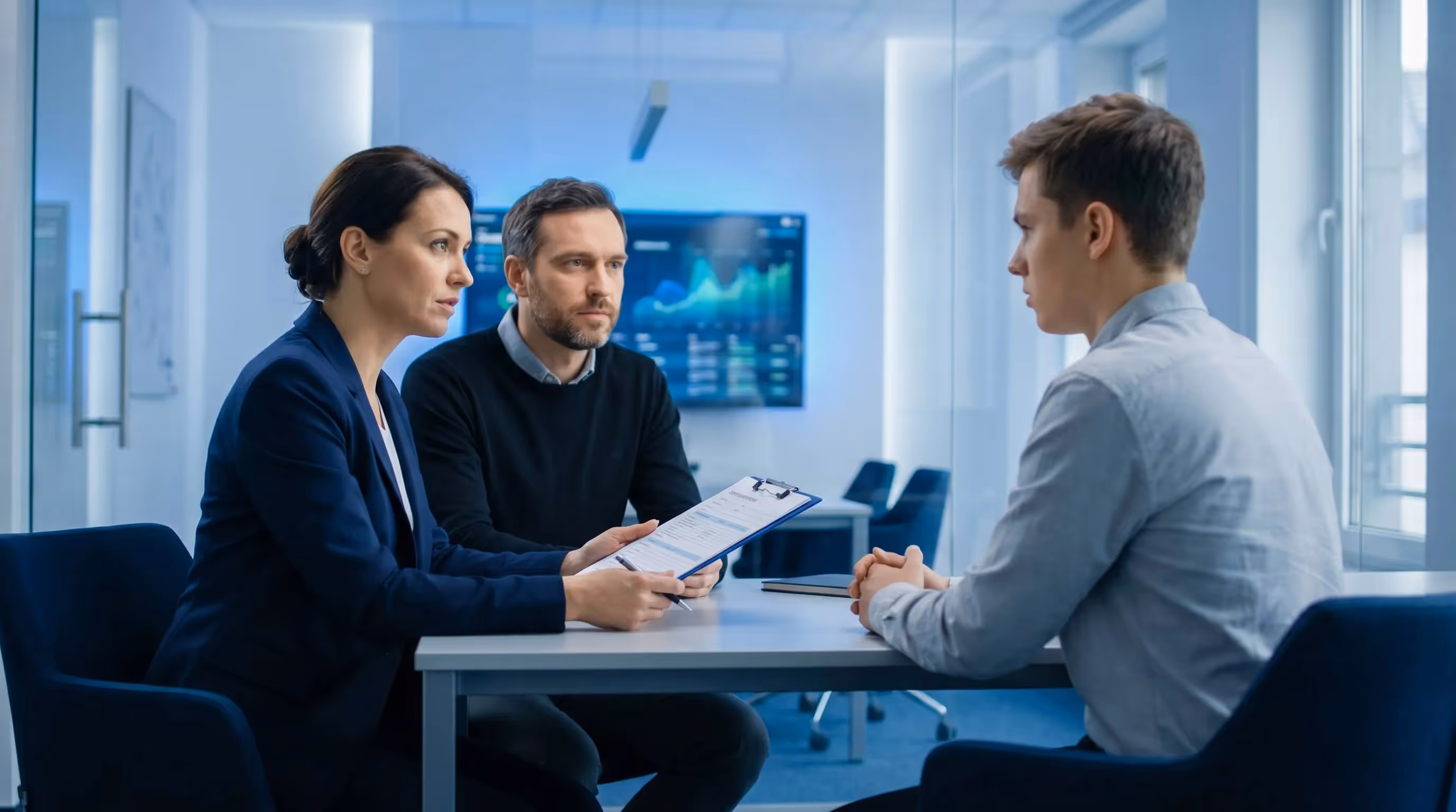 Responsable RH feminine en entretien avec un jeune candidat SEO avec grille d'evaluation dans salle moderne