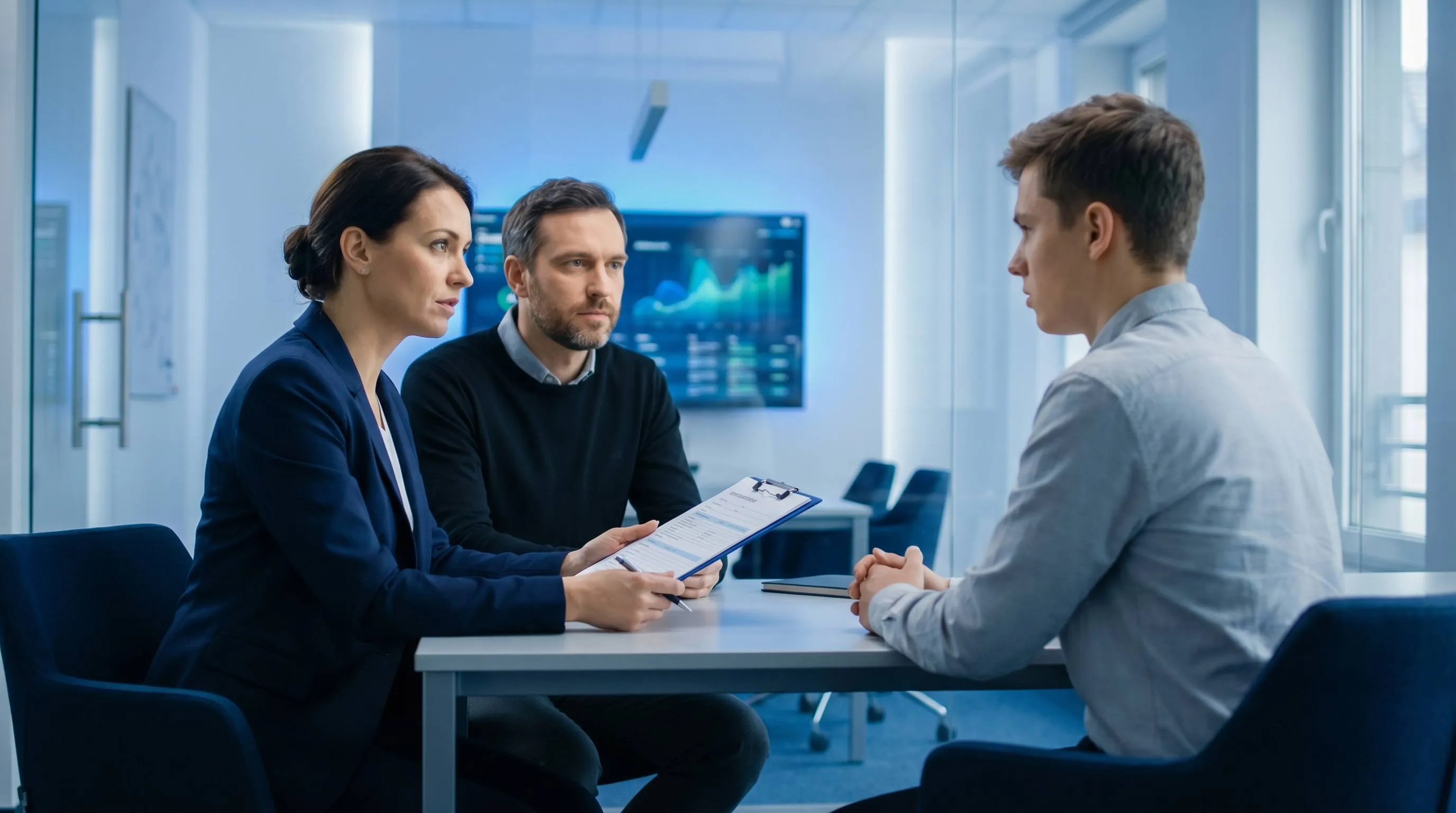 Responsable RH feminine en entretien avec un jeune candidat SEO avec grille d'evaluation dans salle moderne