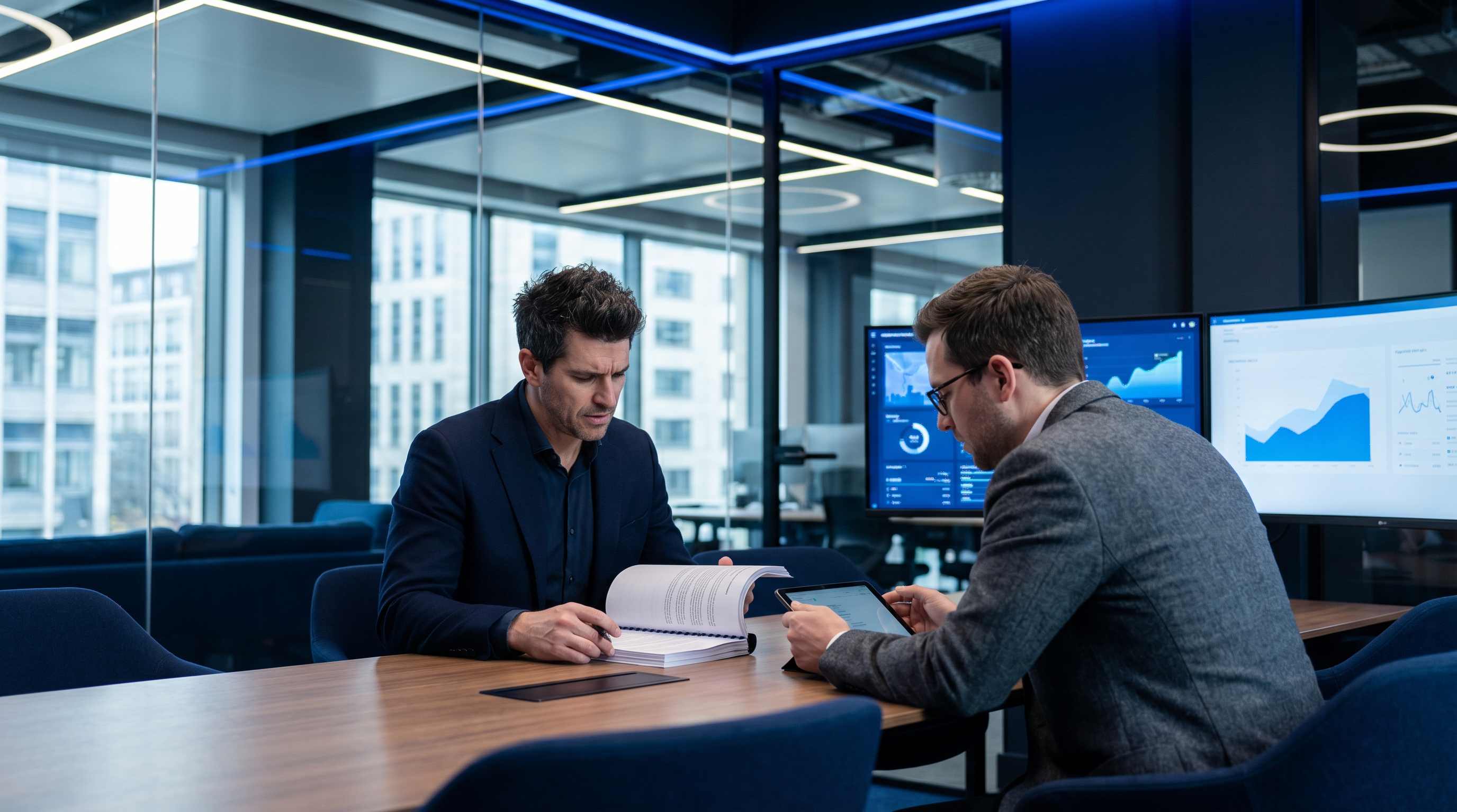 SEO agency founder reviewing M&A documents in a glass boardroom with MRR growth graphs on the table