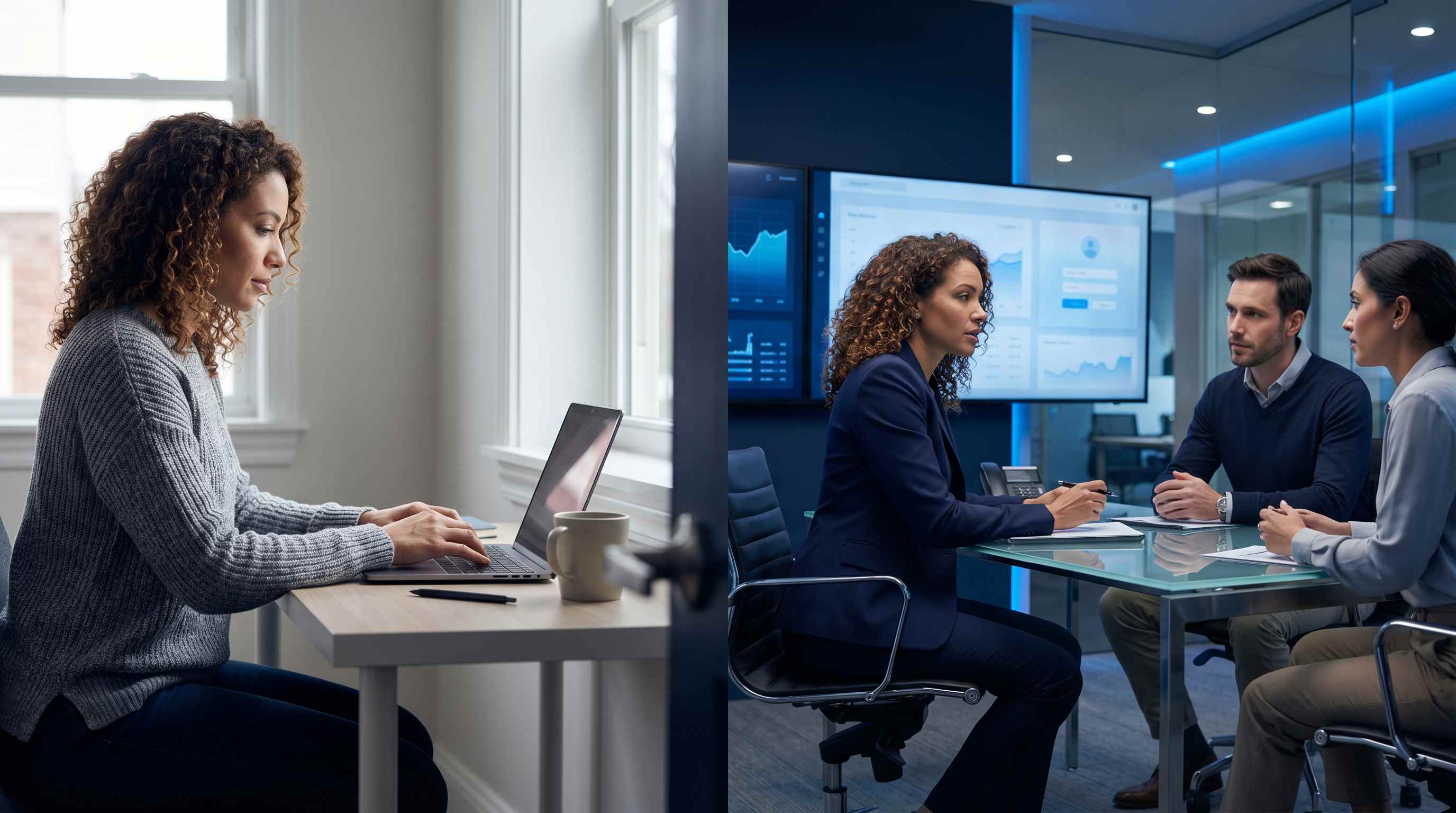 Photo split-screen comparant freelance SEO seul chez lui et fondateur d'agence avec equipe en bureau moderne