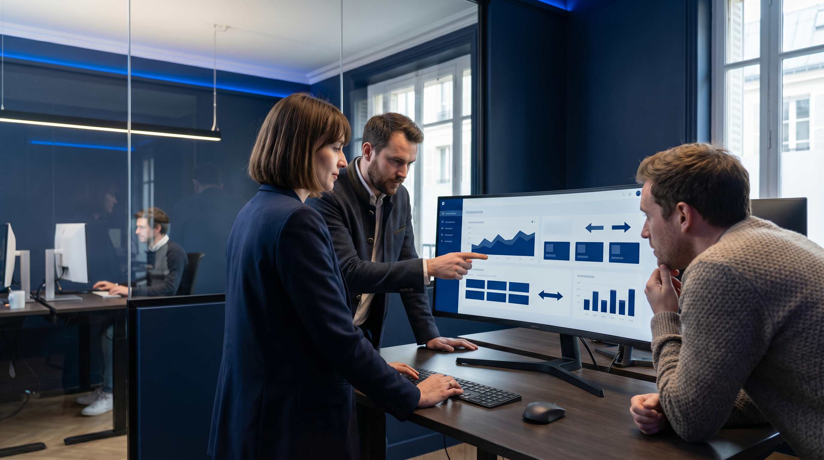 Grand moniteur affichant tableau de bord agence SEO avec metriques MRR, taux de churn et LTV en bleu marine