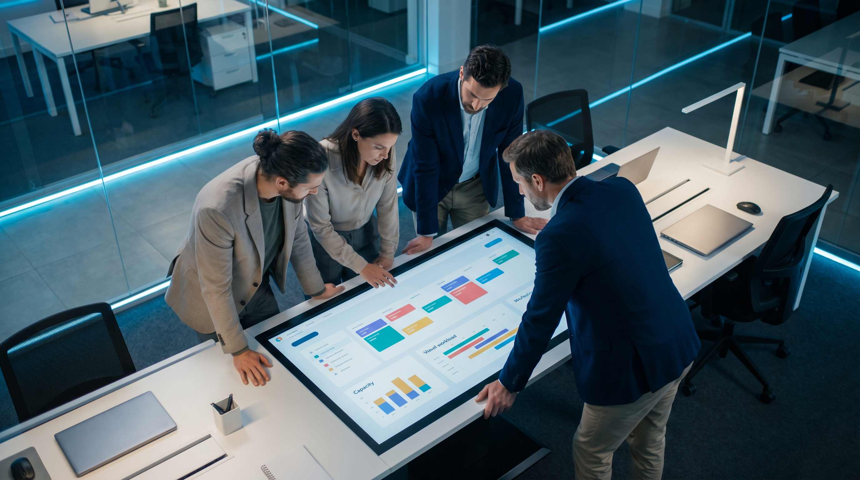 Cheffe de projet pointant une colonne surchargee sur un ecran de gestion de projet SEO style Notion