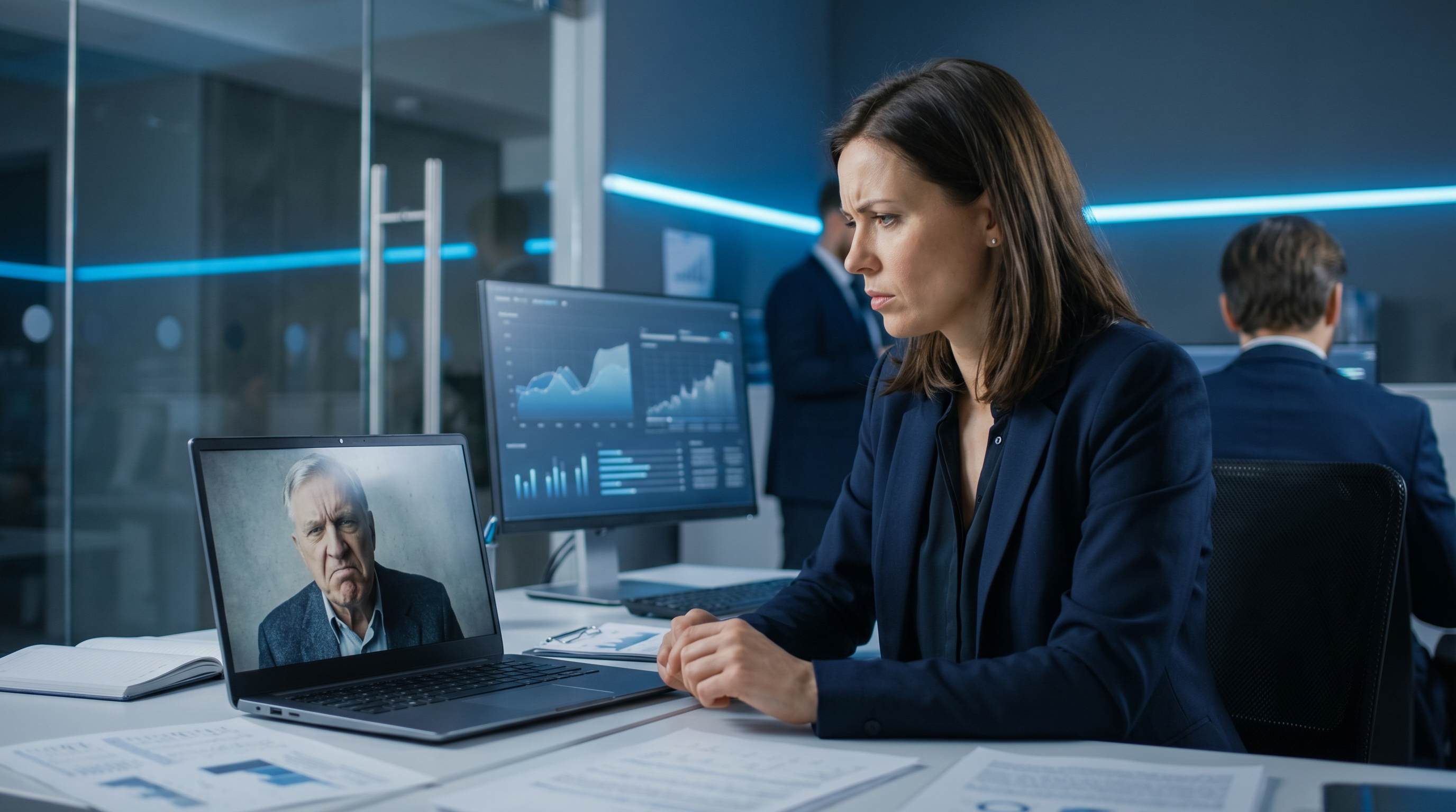 Chargee de compte en appel video tendu avec un client SEO visiblement mecontent sur l'ecran du laptop
