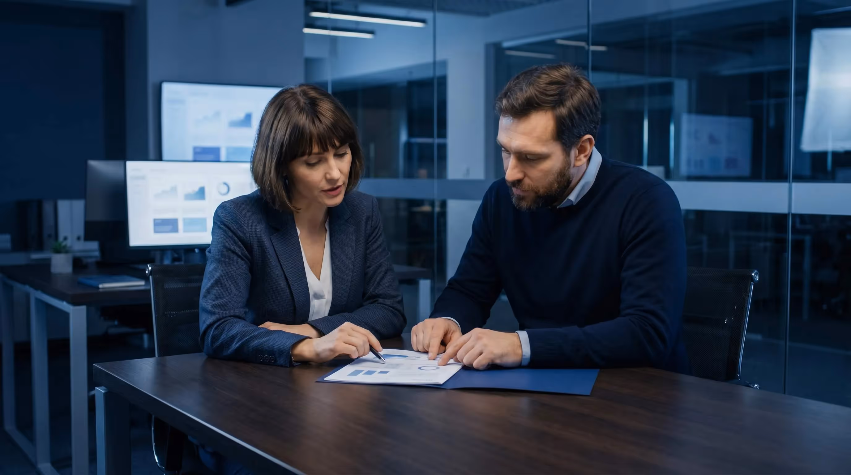 Charge de compte et client examinant une proposition de renouvellement de contrat SEO a la table de reunion