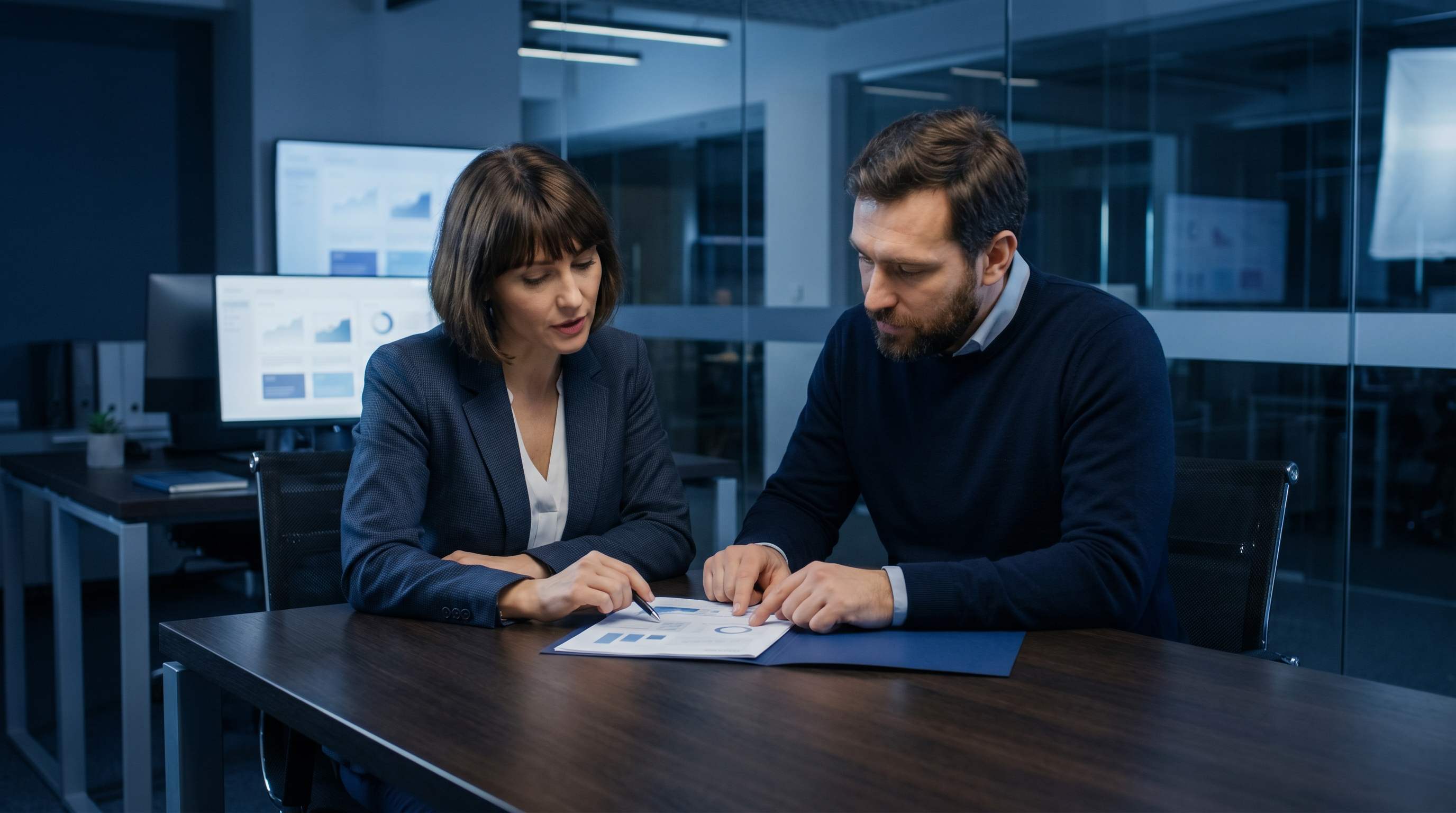 Charge de compte et client examinant une proposition de renouvellement de contrat SEO a la table de reunion