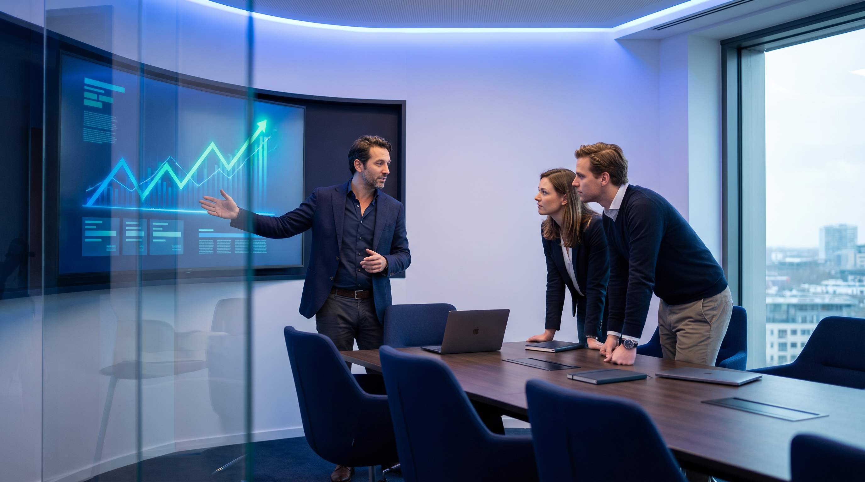 Consultant SEO masculin presentant resultats Q2 avec graphiques de trafic en hausse en salle de conseil